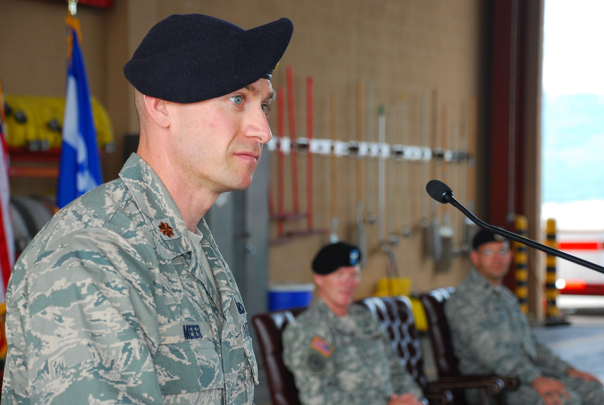 SOTO CANO AIR BASE, Republic of Honduras --  Maj. James Meier, the new Joint Security Forces commander here, introduces himself to Joint Task Force Bravo and JSF during the change of command ceremony here June 29. Major Meier received his commission from the U.S. Air Force Academy in 1998. (U.S. Air Force photo/Martin Chahin)