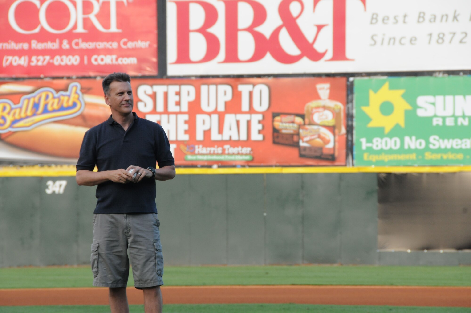 Col. Randy Ogden 916th ARW commander, prepares to throw out the first pitch at the Charlotte Knights game on June 26. (USAF photo by SSgt. Terrica Jones, 916ARW/PA)