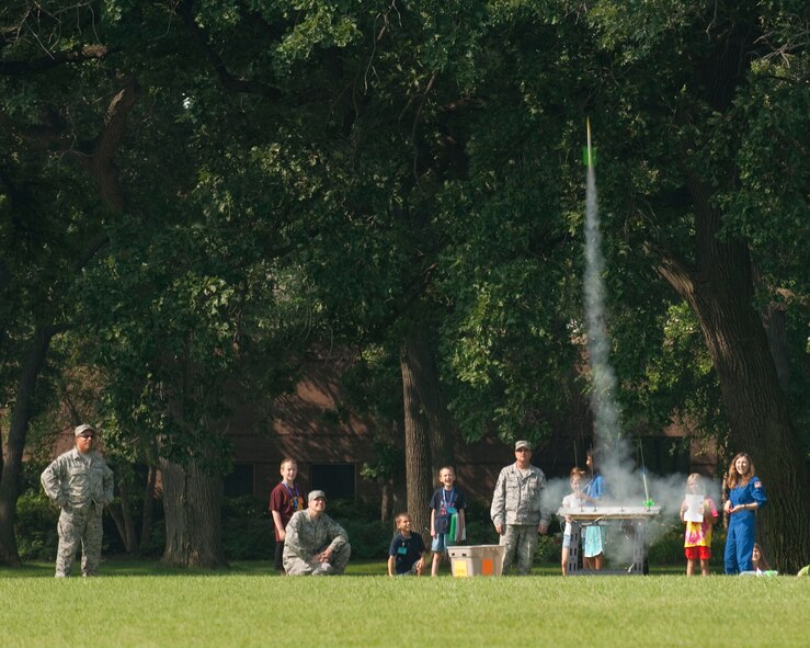 Students in the Minnesota STARBASE Next Generation program launch rockets on the Air National Guard base at the Minneapolis-St. Paul International Airport on June 24, 2010 assisted by members of the 133rd Airlift Wing. STARBASE Minnesota provides experiences such as designing and planning missions to Mars and launching rockets, inspiring and educating students in grades four through six in science and math. USAF official photo by Senior Master Sgt. Mark Moss