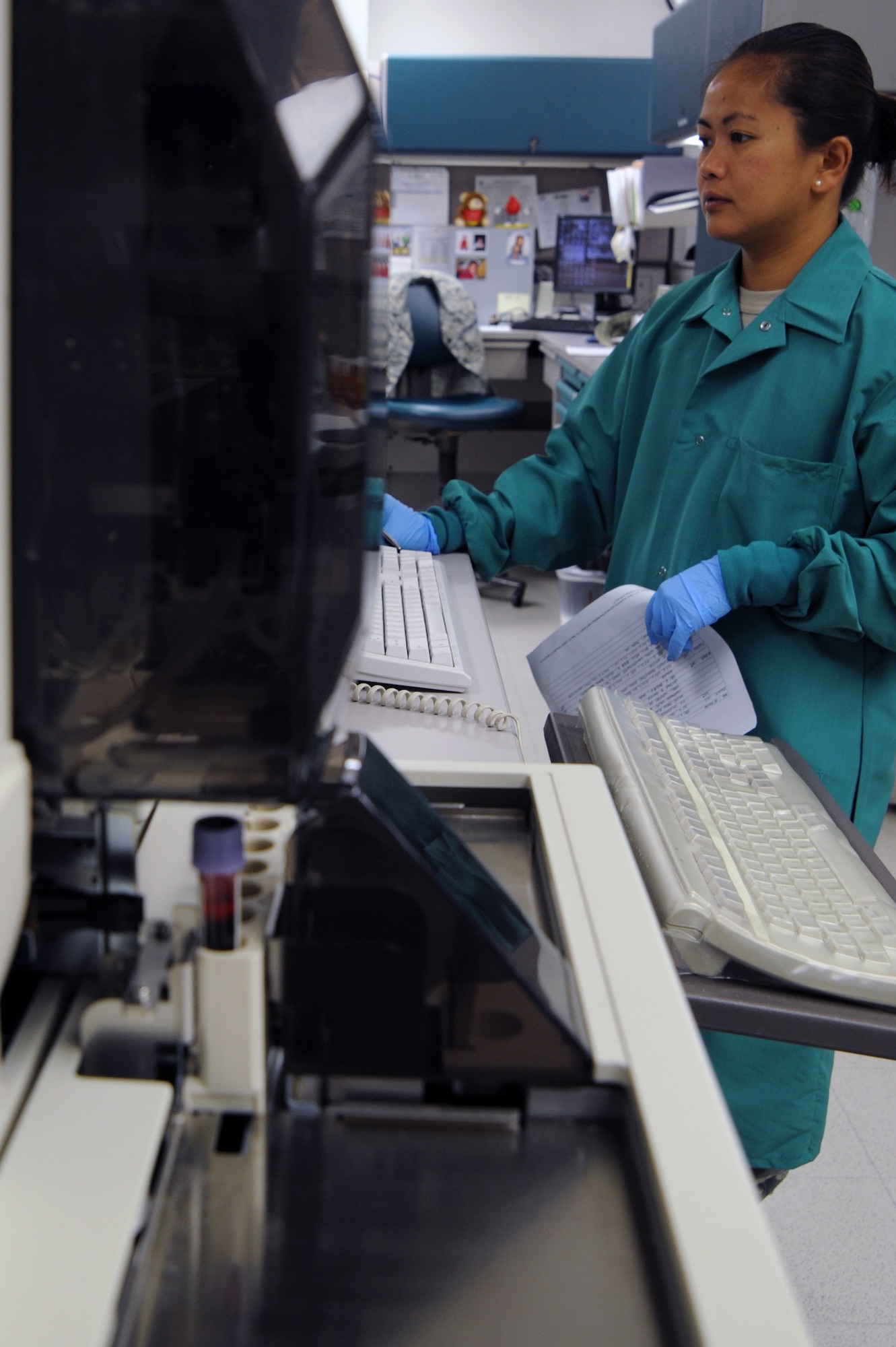 WHITEMAN AIR FORCE BASE, Mo., -- Tech. Sgt. Michelle Angeles,509th Medical Squadron clinic laboratory technician, runs a patient's complete blood count to be analyzed for different illnesses. (U.S. Air Force photo/Staff Sgt. Jason Huddleston)