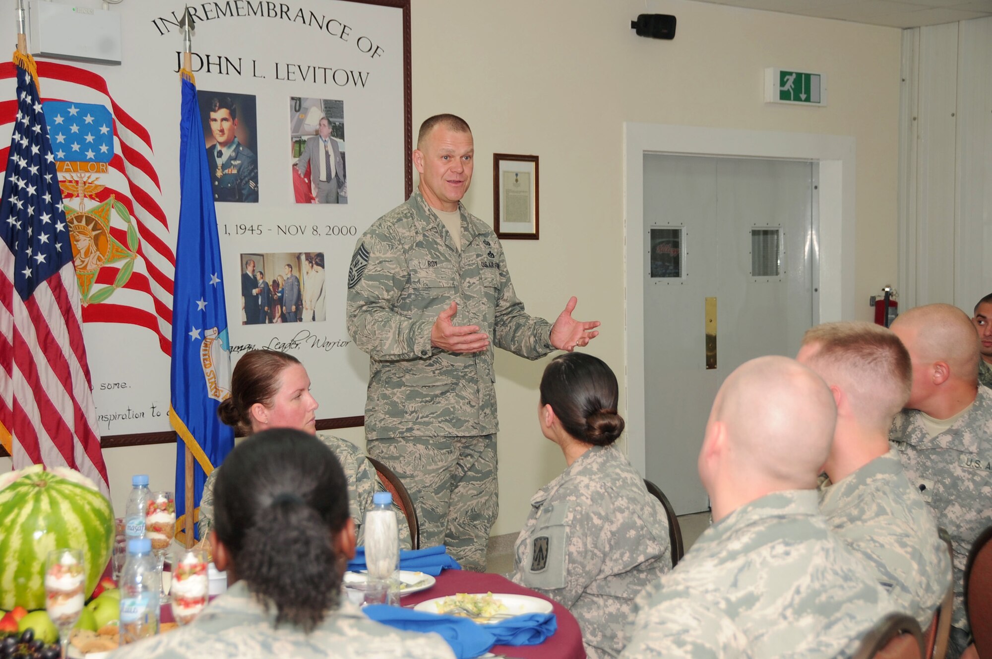 Chief Master Sgt. of the Air Force James A. Roy talks to a group of Airmen during breakfast June 27, 2010, at a base in Southwest Asia. (U.S. Air Force photo/Tech. Sgt. April Wickes)