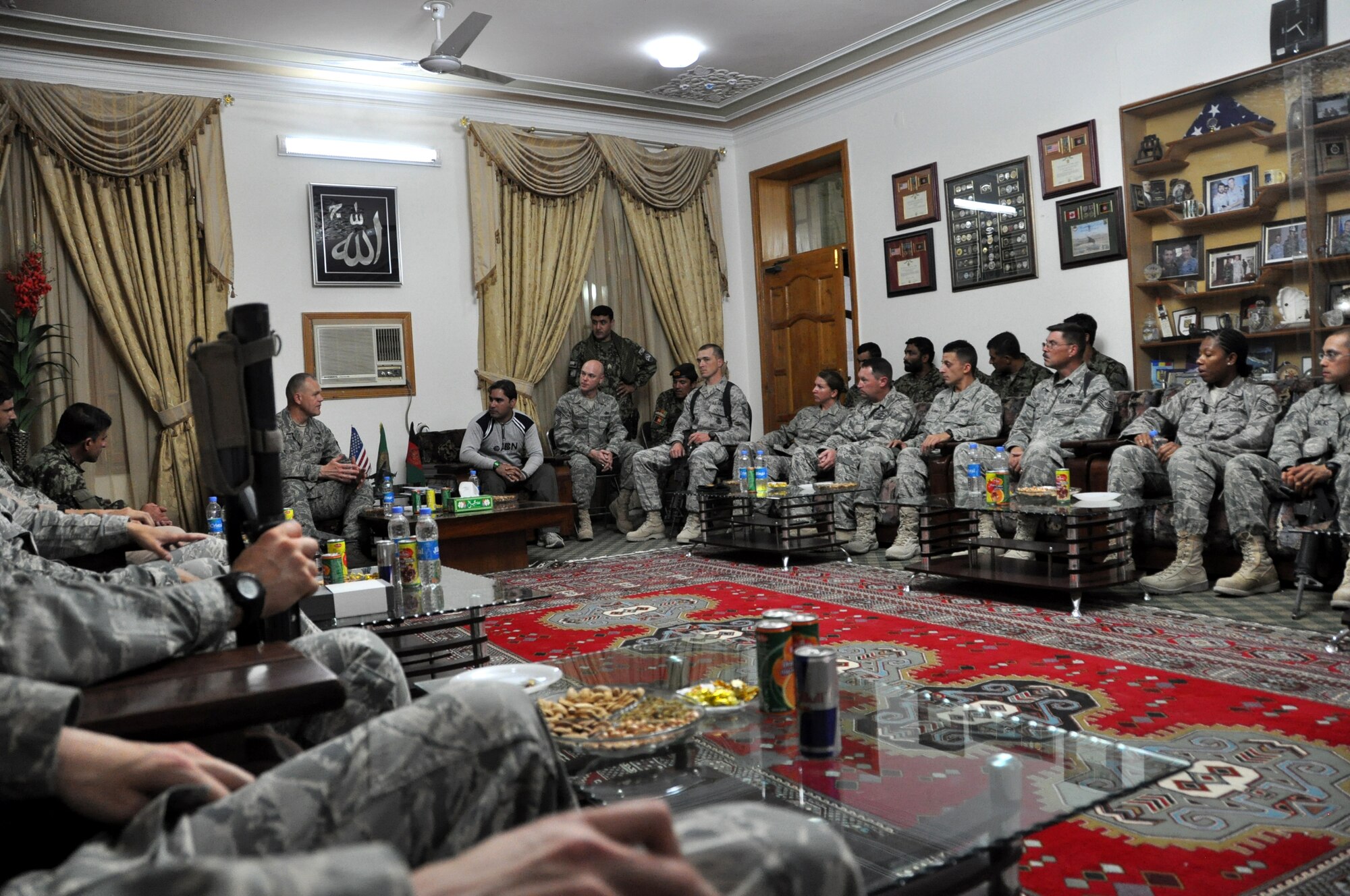 Chief Master Sergeant of the Air Force James A. Roy participates in a discussion about partnering with Air Force Airmen from Kandahar Airfield and Afghan National Army Air Force Airmen June 26 at Kandahar Airfield. (U.S. Air Force photo by Tech. Sgt. Renni Thornton/Released)