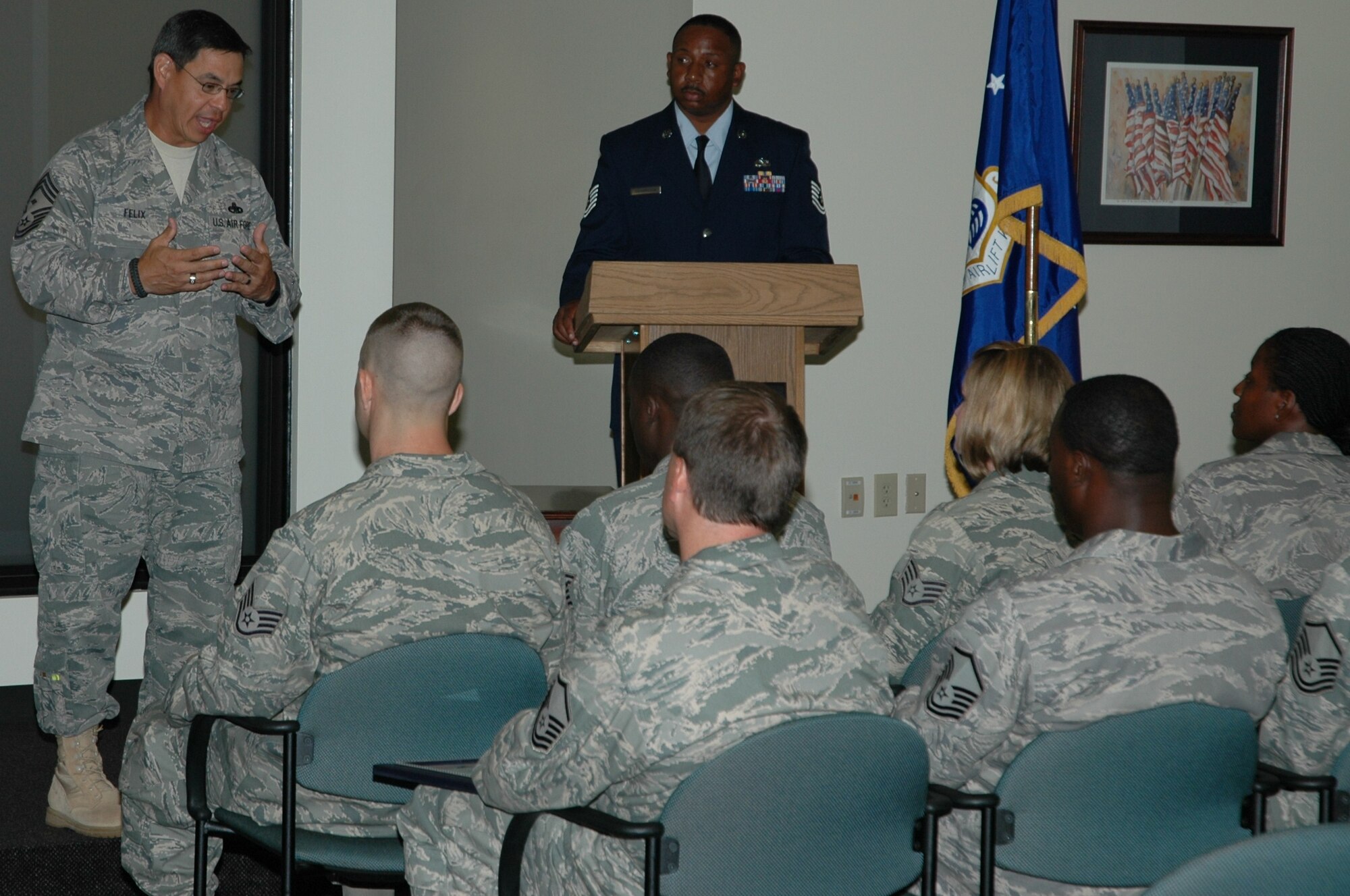 Chief Master Sgt. Edwin Felix, 315th Maintenance Squadron first sergeant, addressing Charleston’s newly promoted staff sergeants and NCO’s inducted in to the senior noncommissioned officer ranks during an induction ceremony June 26 at Charleston Air Force Base, S.C. (U.S. Air Force photo by Staff Sgt. Shane Ellis)