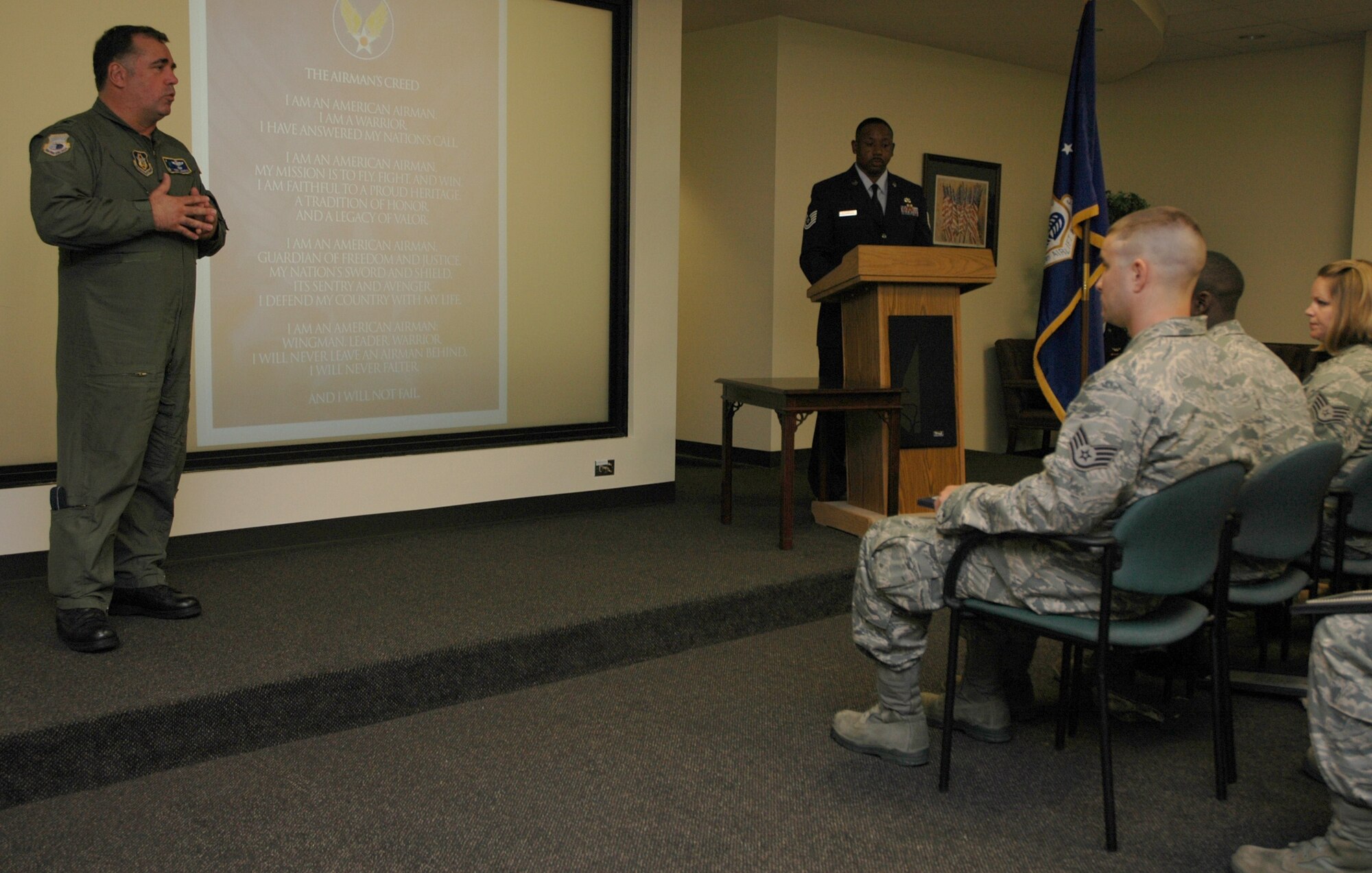 Col. Terry Lawrence, 315th Operations Group commander, addressing Charleston’s newly promoted staff sergeants and NCO’s inducted in to the senior noncommissioned officer ranks during an induction ceremony June 26 at Charleston Air Force Base, S.C. (U.S. Air Force photo by Staff Sgt. Shane Ellis)