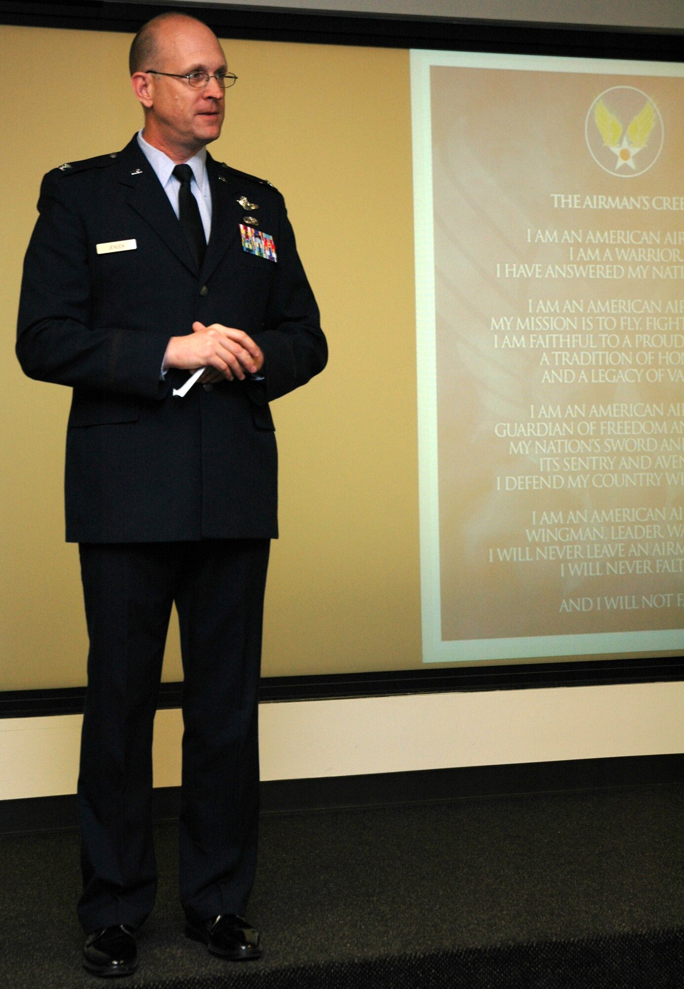 Col. Jay D. Jensen, Air Force Reserve Command chief of the programs division, addressing Charleston’s newly promoted staff sergeants and NCO’s inducted in to the senior noncommissioned officer ranks during an induction ceremony June 26 at Charleston Air Force Base, S.C. 