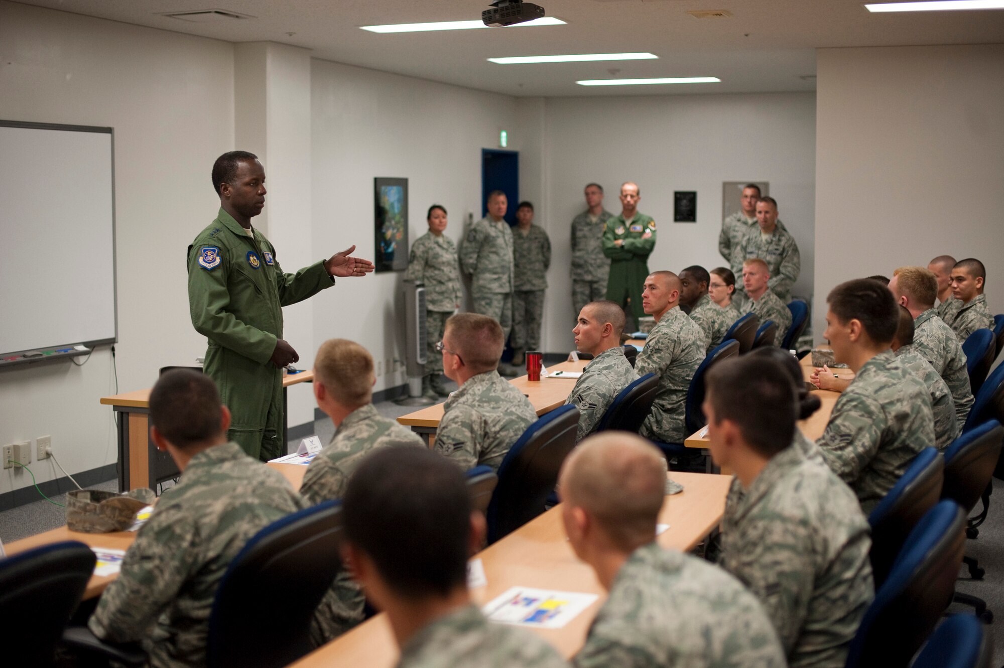 MISAWA AIR BASE, Japan -- Lt. Gen. Edward Rice Jr., U.S. Forces Japan and 5th Air Force commander, answers questions from a First Term Airman's Center class June 29. The Airmen asked questions on a variety of topics such as the general?s career experience, Japanese relations and his insight on current events. (U.S. Air Force photo/Staff Sgt. Samuel Morse)