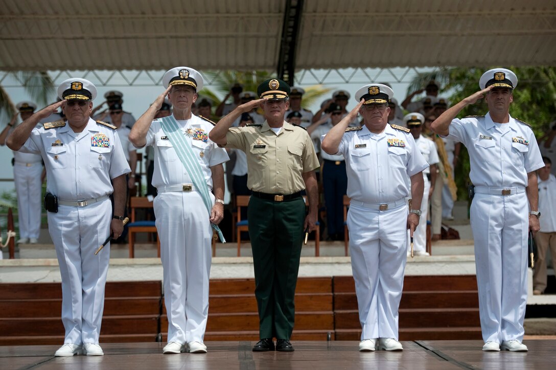 Colombian Chief of Naval Operations Navy Adm. Egar Cely, left, U.S. Navy Adm. Mike Mullen, chairman of the Joint Chiefs of Staff, second to left, Colombian Gen. Freddy Padilla, chief of defense, center, Colombian Navy Adm. David Rene Moreno, vice chief of defense, second to right, and Colombian Navy Rear Adm. Luis Ordonez, director of the Colombian Naval Academy, right, salute during a welcoming ceremony for Mullen, Cartegena, Colombia, June 30, 2010. 