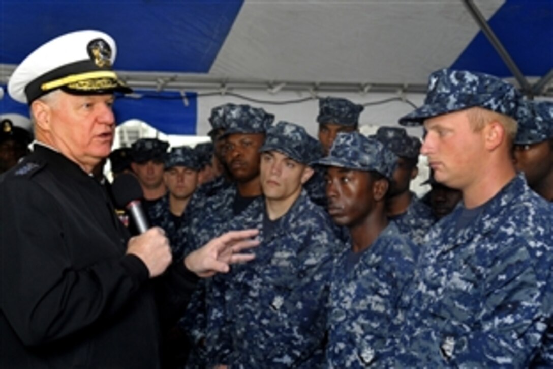 Navy Adm. Gary Roughead, chief of naval operations, speaks with U.S. Navy sailors from the USS Robert G. Bradley and the USS Gettysburg while visiting Halifax, Nova Scotia, June 28, 2010.