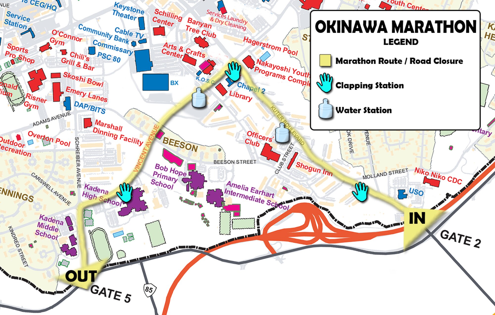 Due to the Okinawa marathon on March 7, 2010, Gates 2 and 5 will be closed to vehicle traffic from 8:30 a.m. to 3:00 p.m. Roads will be closed from Gate 2 on Kuter Boulevard to Vincent Avenue and from Vincent Avenue to Schreiber Boulevard and from Schreiber Boulevard out Gate 5. Both gates will remain open to pedestrians with identification and authorized base passes. (U.S. Air Force illustration by Staff Sgt. Jason Lake)