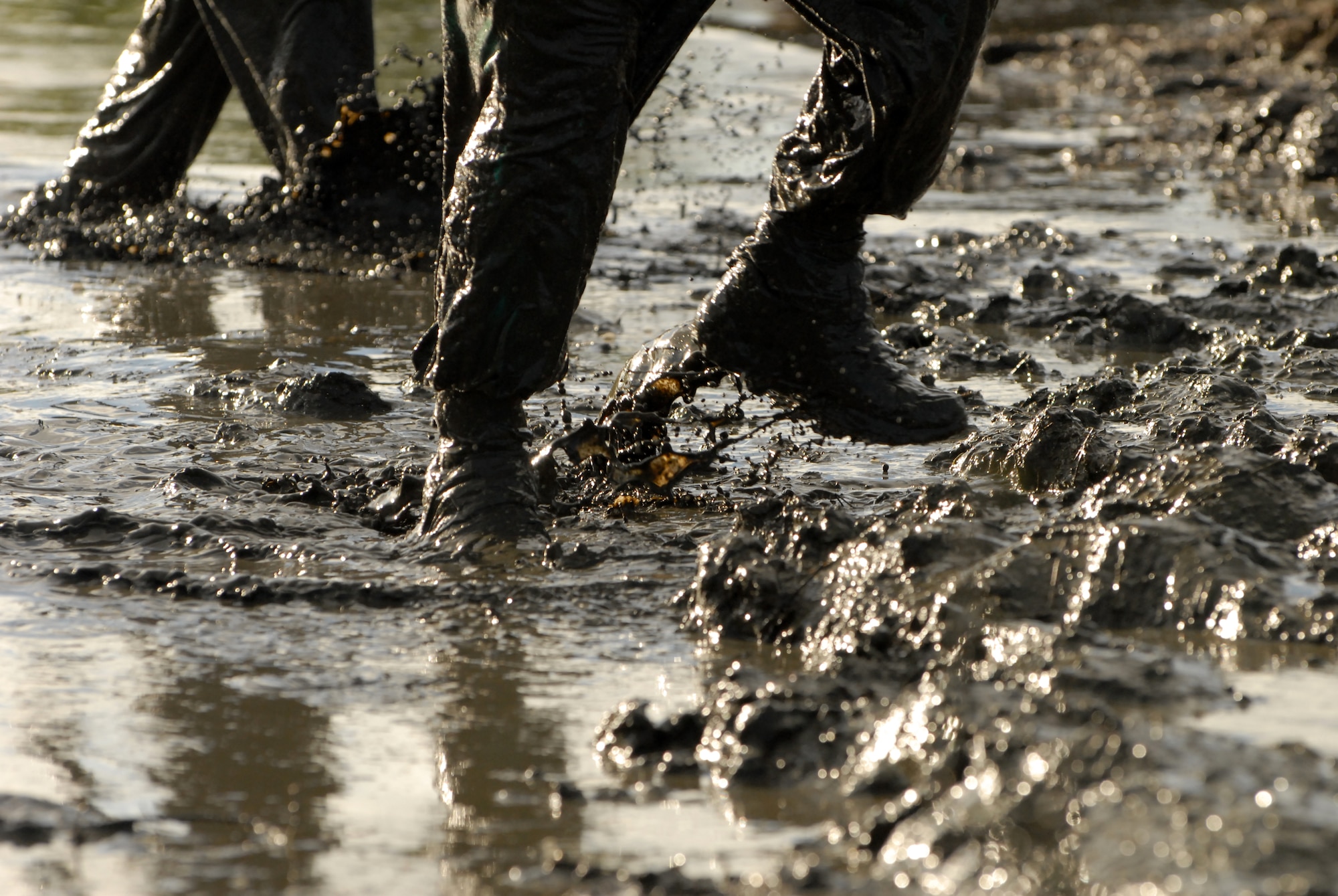 MARINE CORPS BASE HAWAII KANEOHE BAY, Hawaii -- More than 450 six-person teams got down and dirty during the muddiest race of the year at the Marine Corps' 16th Annual Swamp Romp Feb. 20. The Marine Corps Combat Service Support Group 3 and Marine Corps Community Services hosted the five-mile muddy obstacle course known as Oahu's "dirtiest footrace." Some teams dressed for the occasion by putting on their combat boots and strapping them down with duct tape, while others went for a more themed approach. Costumes from jail birds and ninjas to superheroes like Spiderman, Wonder Woman, Super Girl and a group of prom night beauty contestants were not in their best condition at the end of the race. (U.S. Air Force photo/ Staff Sgt. Mike Meares)
