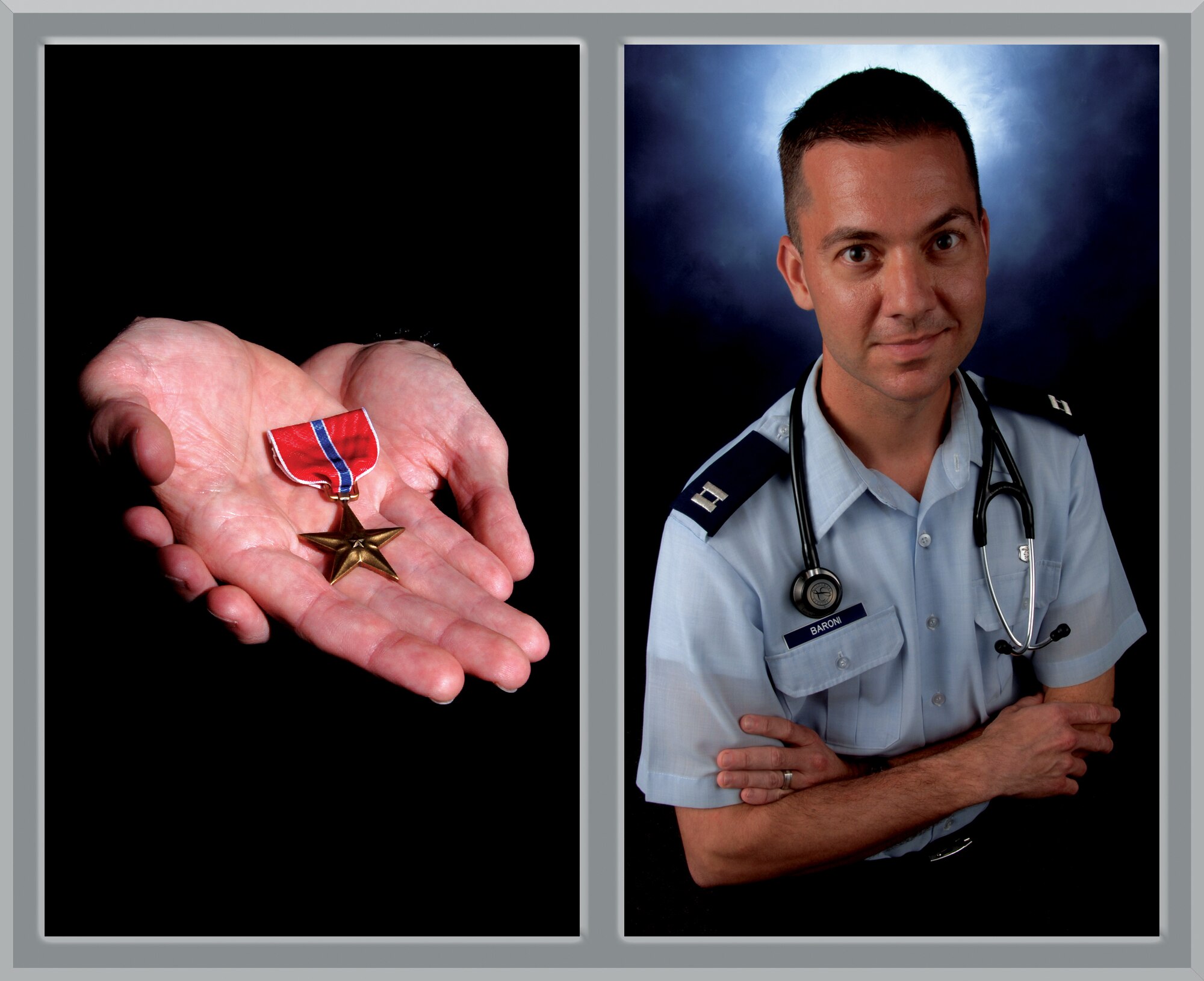 JOINT BASE PEARL HARBOR HICKAM, Hawaii -- Capt. Eric Baroni, 15th Airlift Wing Medical Group physician, received the Bronze Star combat award while working as the officer-in-charge of the Troop Medical Clinic, Headquarters 2nd Brigade, 203rd Corps, Forward Operating Base Rushmore, Sharana, Afghanistan and the Embedded Training Medical Officer Mentor for 4th Kandak, 2nd Brigade, 203rd Corps, Afghanistan National Army, while attached to Coalition Joint Task Force Phoenix in the Paktika Eastern province near the Pakistan border from June 11 through Dec. 16, 2009. While deployed to Southwest Asia, Capt. Baroni directly supervised nine junior medics from various services. Under his leadership, he weathered a 300 percent workload increase and treated more than 500 patients. He was directly responsible for the welfare of more than 200 individuals, including aiding more than 70 non-U.S. military patients who otherwise would not have had access to medical care. (U.S. Air Force illustration/Senior Airman Nathan Allen)