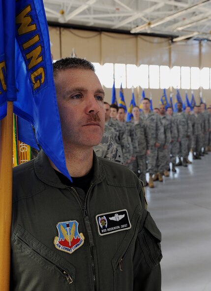MOODY AIR FORCE BASE, Ga. -- Chief Master Sgt. Rodney Hoskinson, 347th Rescue Group superintendent, stands at the front of the line of guidon bearers during Moody’s Honorary Commander change of command ceremony here Feb. 25. Each guidon represents a separate squadron and the passing of the guidon signifies the exchange of command. (U.S. Air Force photo by Airman 1st Class Joshua Green)
