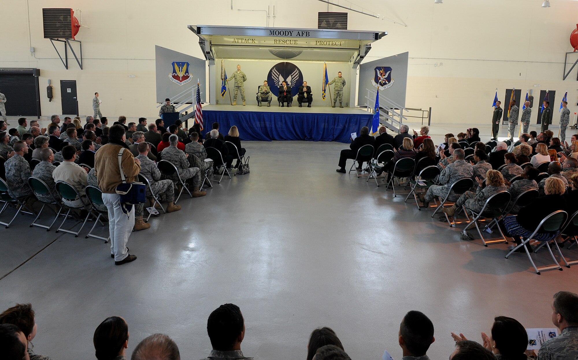 MOODY AIR FORCE BASE, Ga. -- Moody Airmen and community members attended Moody’s Honorary Commander change of command ceremony here Feb. 25. The Honorary Commander program, which pairs community leaders with commanders at Moody, seeks to familiarize members of the community with military operations. (U.S. Air Force photo by Airman 1st Class Joshua Green)

