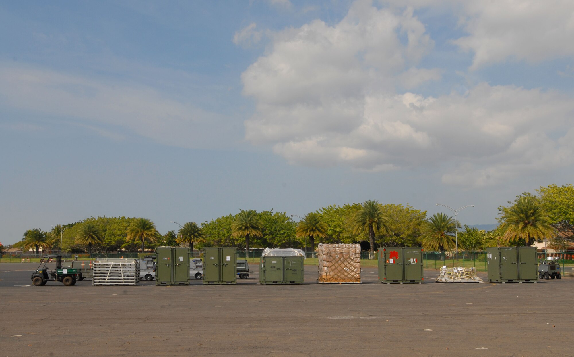 JOINT BASE PEARL HARBOR HICKAM, Hawaii - Cargo is lined up before it is loaded on to a Hickam C-17 Globemaster in support of exercise Cope Tiger here, Feb. 25. Cope Tiger is an annual exercise conducted in Asia-Pacific and includes humanitarioan and civic assistance program. Aviation and ground units from the U.S. Air Force, Republic of Singapore Air Force, and Royal Thai Air Force and Army will participate in the exercise from 1 Mar. through 12 Mar. in Tailand. (U.S. Air Force photo/Senior Airman Gustavo Gonzalez)