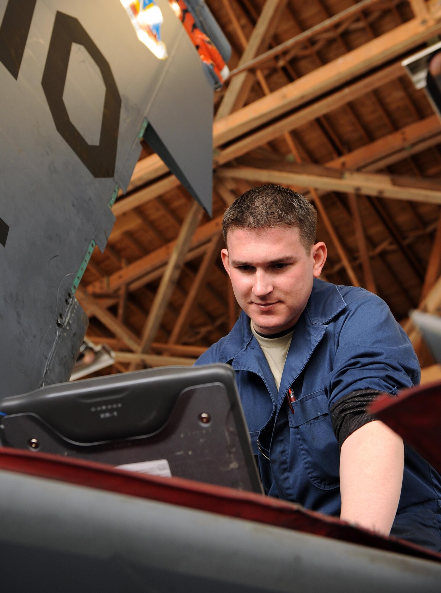 MOUNTAIN HOME AIR FORCE BASE, Idaho -- Staff Sgt. Fredrick McCarson, 389th Aircraft Maintenance Unit crew chief, performs maintenance on an F- 15E Strike Eagle in hangar 204 Feb. 23. The 389th AMS is responsible for flight line maintenance of 20 F-15E. (U.S. Air Force photo by Airman 1st Class Debbie Lockhart)