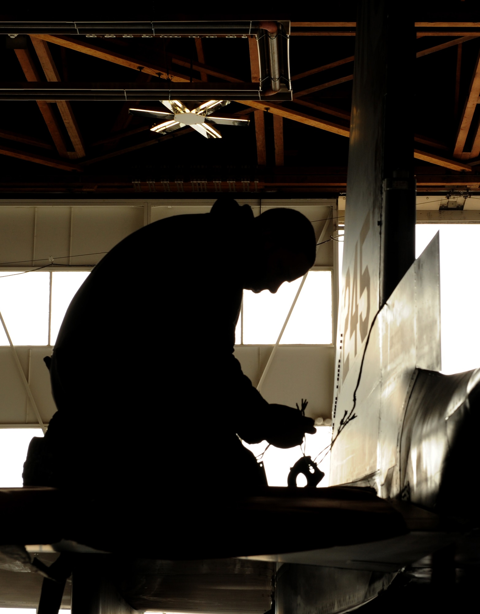 MOUNTAIN HOME AIR FORCE BASE, Idaho -- Senior Airman David Gonzalez, 389th Aircraft Maintenance Unit avionics specialist, performs maintenance on the wing of an F-15E Strike Eagle Feb. 23. The 389th AMS is responsible for flight line maintenance of 20 F-15E. (U.S. Air Force photo by Airman 1st Class Debbie Lockhart)