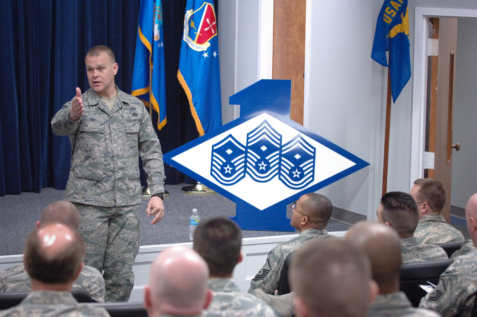 Chief Master Sgt. of the Air Force James A. Roy speaks to the staff, faculty and students of the Air Force First Sergeants Academy during his visit Feb. 23, 2010, to Maxwell-Gunter Air Force Base, Ala. (U.S. Air Force photo/Melanie Rodgers-Cox)