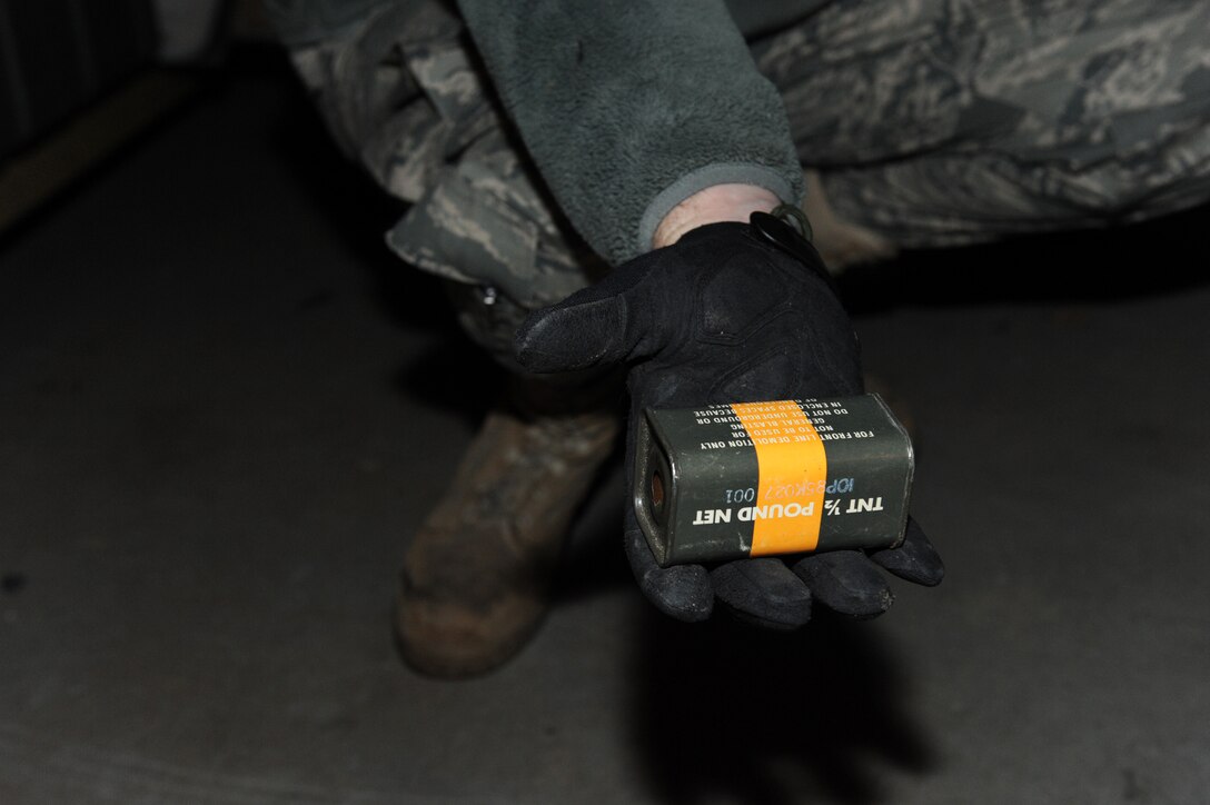 LANGLEY AIR FORCE BASE, Va. -- Tech. Sgt. James Carmen, 633d Security Forces Squadron military working dog trainer, holds live TNT which Uudensi, 633 SFS bomb and patrol military working dog, must detect during Military Working Dog training, which is divided into patrol and explosive training sessions Feb. 26. Patrol training consists of attack work, building searches, gunfire, obedience, and filed or area searches; explosive training consists of barracks, warehouse, theater, vehicle, luggage, aircraft, and open area or field searches. (U.S. Air Force photo/Senior Airman Zachary Wolf)