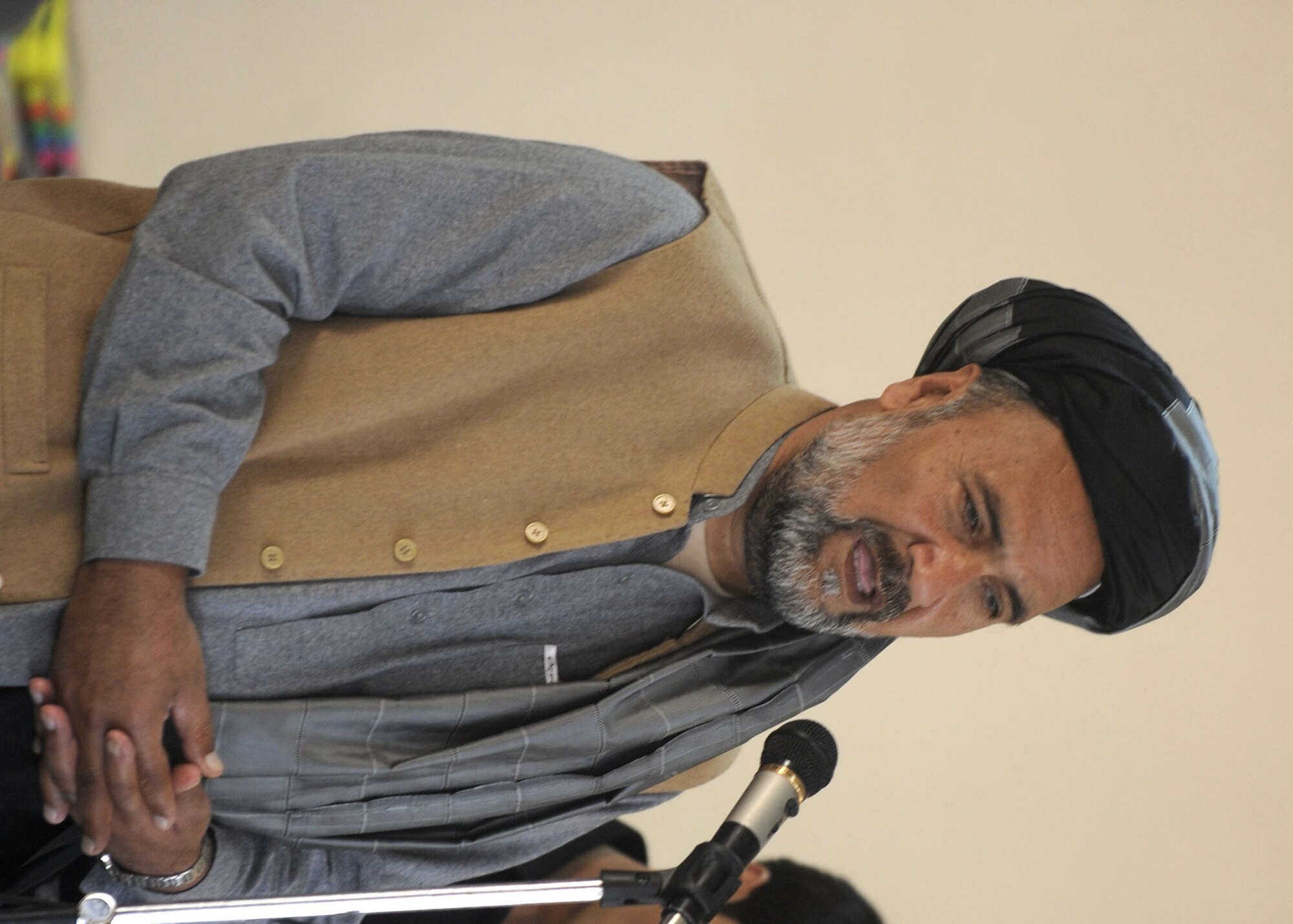Zabul Governor Al-Haj Mohammed Ashraf Naseri, encourages community leaders to continue partnering with PRT Zabul Feb. 25.  (U.S. Air Force photo by Senior Airman Nancy Hooks/Released)