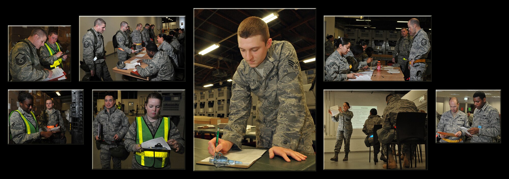 SPANGDAHLEM AIR BASE, Germany –Members of the 52nd Fighter Wing process through a simulated personnel deployment function line during a Phase I operational readiness exercise Feb. 25. The PDF line is part of the pre-deployment checklist Airmen must go through to ensure they have all the proper documentation, medical clearances and requirements to deploy. (U.S. Air Force photo/Airman 1st Class Nick Wilson)