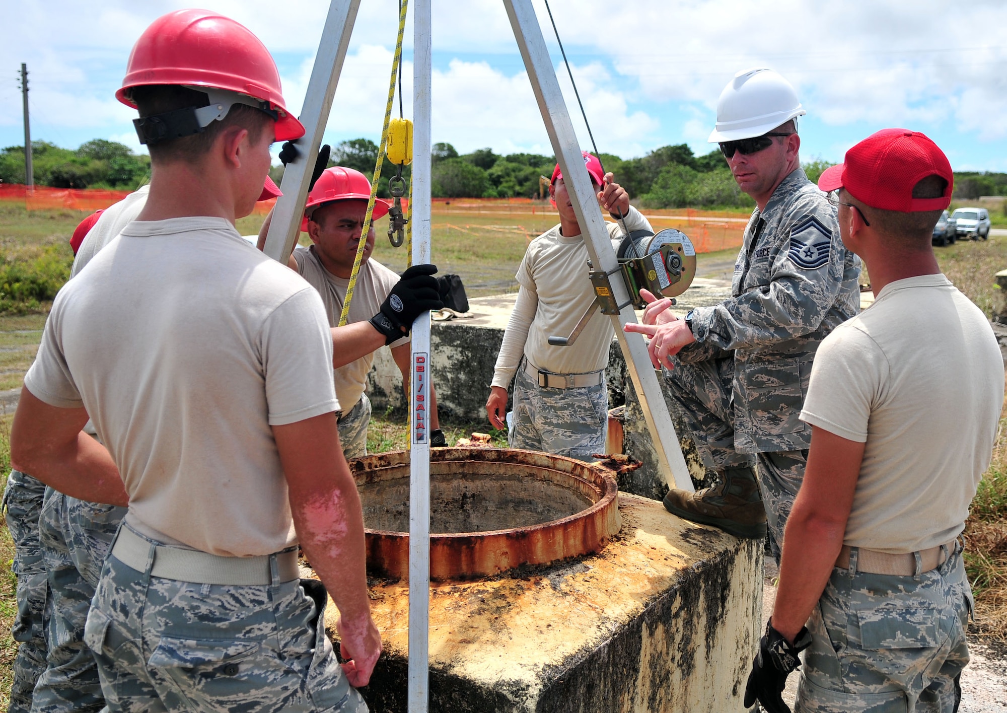 ANDERSEN AIR FORCE BASE, Guam - ANDERSEN AIR FORCE BASE, Guam - Members of the 554th Red Horse Squadron
participate in confined space training here on Feb. 23. The confined space
training is a yearly requirement for certain airmen and was held by 36th
Wing Safety.(U.S. Air Force photo by Airman 1st Class Julian North)