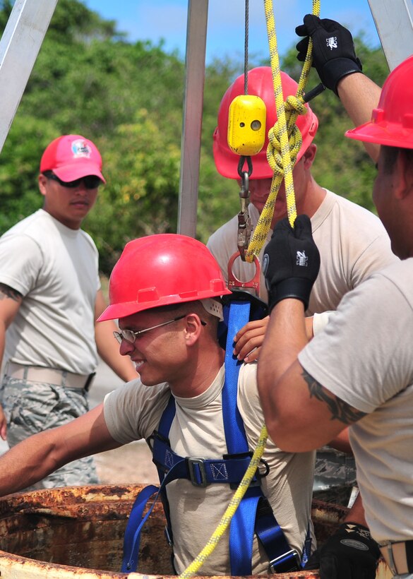 ANDERSEN AIR FORCE BASE, Guam - ANDERSEN AIR FORCE BASE, Guam - Members of the 554th Red Horse Squadron
participate in confined space training here on Feb. 23. The confined space
training is a yearly requirement for certain airmen and was held by 36th
Wing Safety.(U.S. Air Force photo by Airman 1st Class Julian North)
