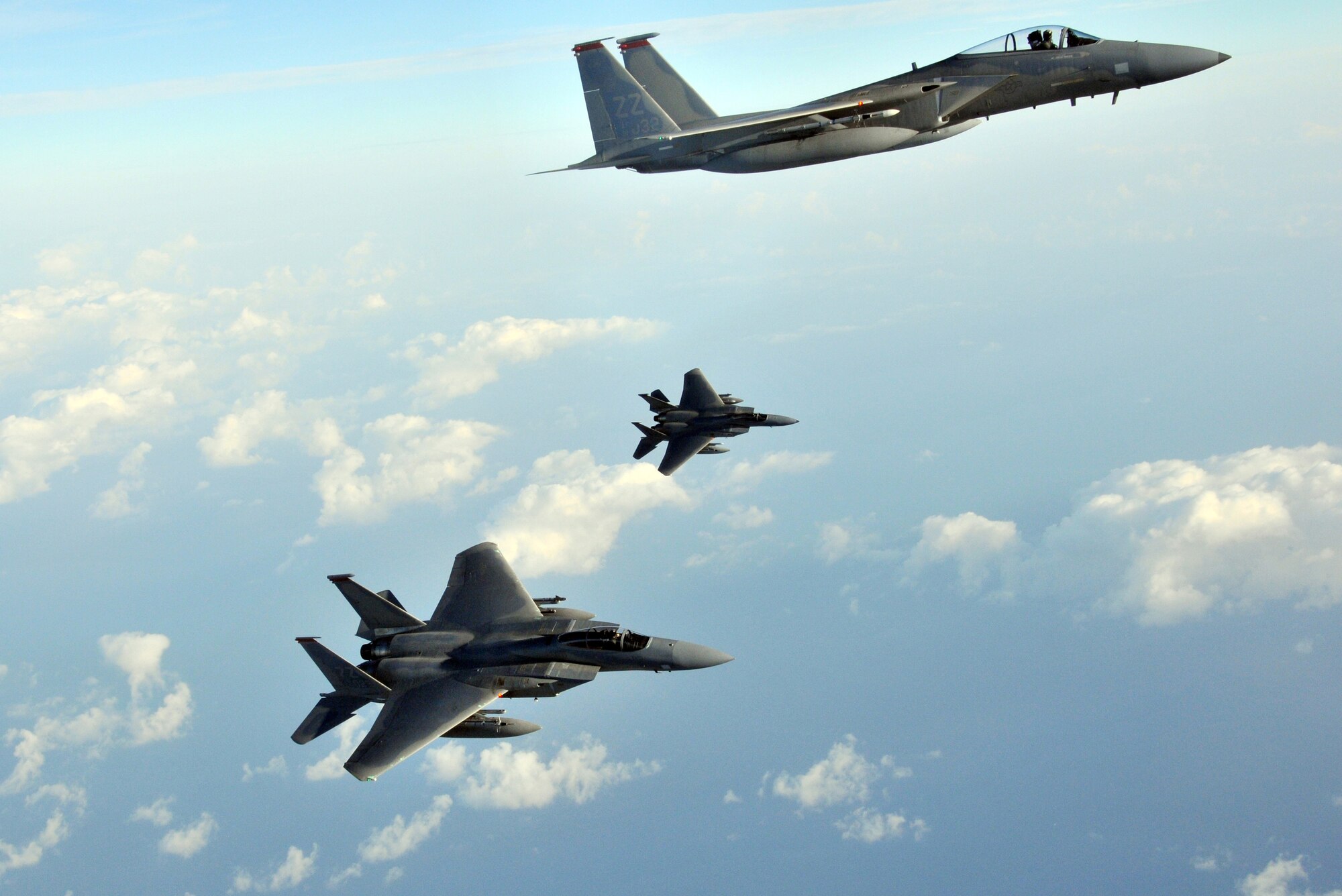 F-15 Eagles from the 67th Fighter Squadron fly together during  bilateral  training with units from across the Pacific Feb 25. (U.S. Air Force photo / Tech. Sgt. Angelique Perez) 