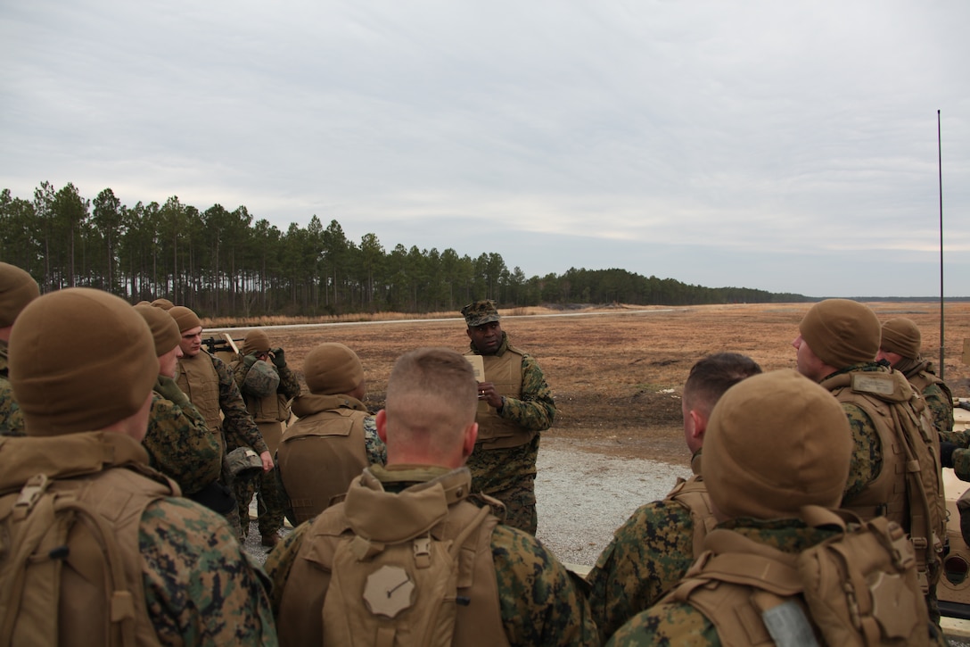 Master Sgt. Donald L. Wilson, the MWSS-271 air-ground base defense coordinator, gives a range brief to MWSS-271 Marines at Marine Corps Base Camp Lejuene. The squadron’s Marines went to the range to fire three of the Marine Corps’ most commonly used vehicle and tripod mounted weapons.