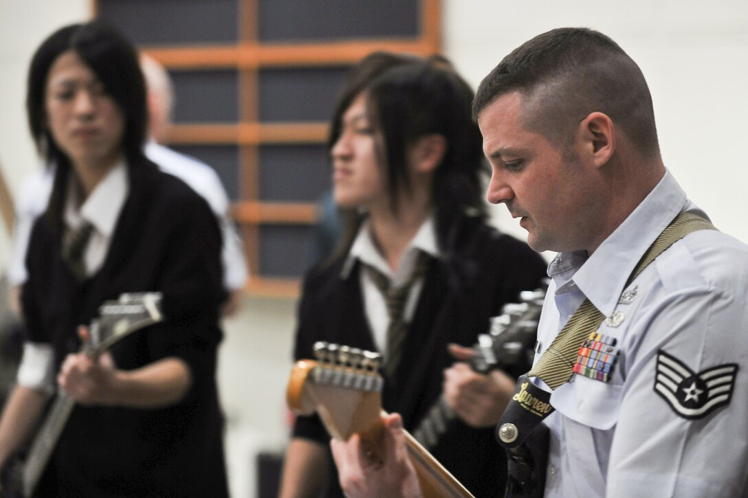 Fussa High School students come to the PACAF Band of the Pacific – Asia band hall at Yokota AB, Japan for a clinic, and a rehearsal. The students rehearsed with “Final Approach” for their joint concert in Fussa on January 31, 2010.

