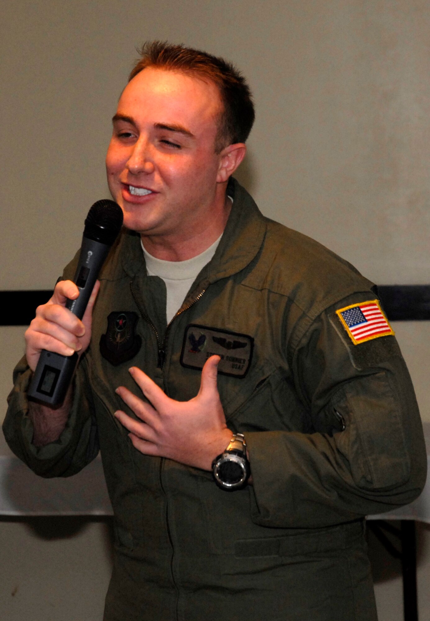 Staff Sgt. Steven Sonnier, 1st Special Operations Group, gives a demonstration of the talent that led to his being chosen for the 2010 Tops In Blue tour.  As a singer, being chosen for Tops In Blue is the realization of a dream for Sergeant Sonnier. (U.S. Air Force photo by Airman 1st Class Joe McFadden)