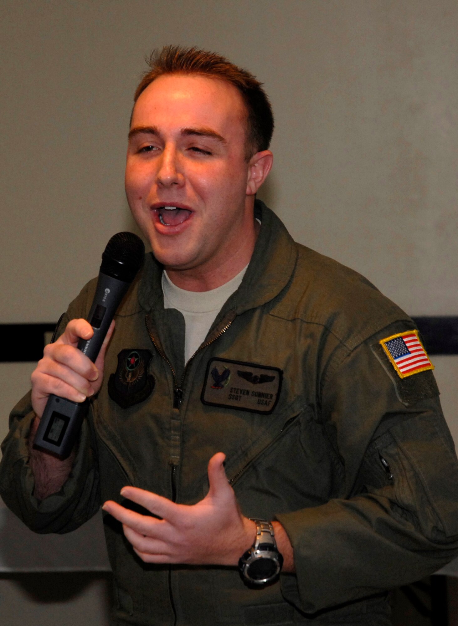 Staff Sgt. Steven Sonnier, 1st Special Operations Group, gives a demonstration of the talent that led to his being chosen for the 2010 Tops In Blue tour.  As a singer, being chosen for Tops In Blue is the realization of a dream for Sergeant Sonnier. (U.S. Air Force photo by Airman 1st Class Joe McFadden)