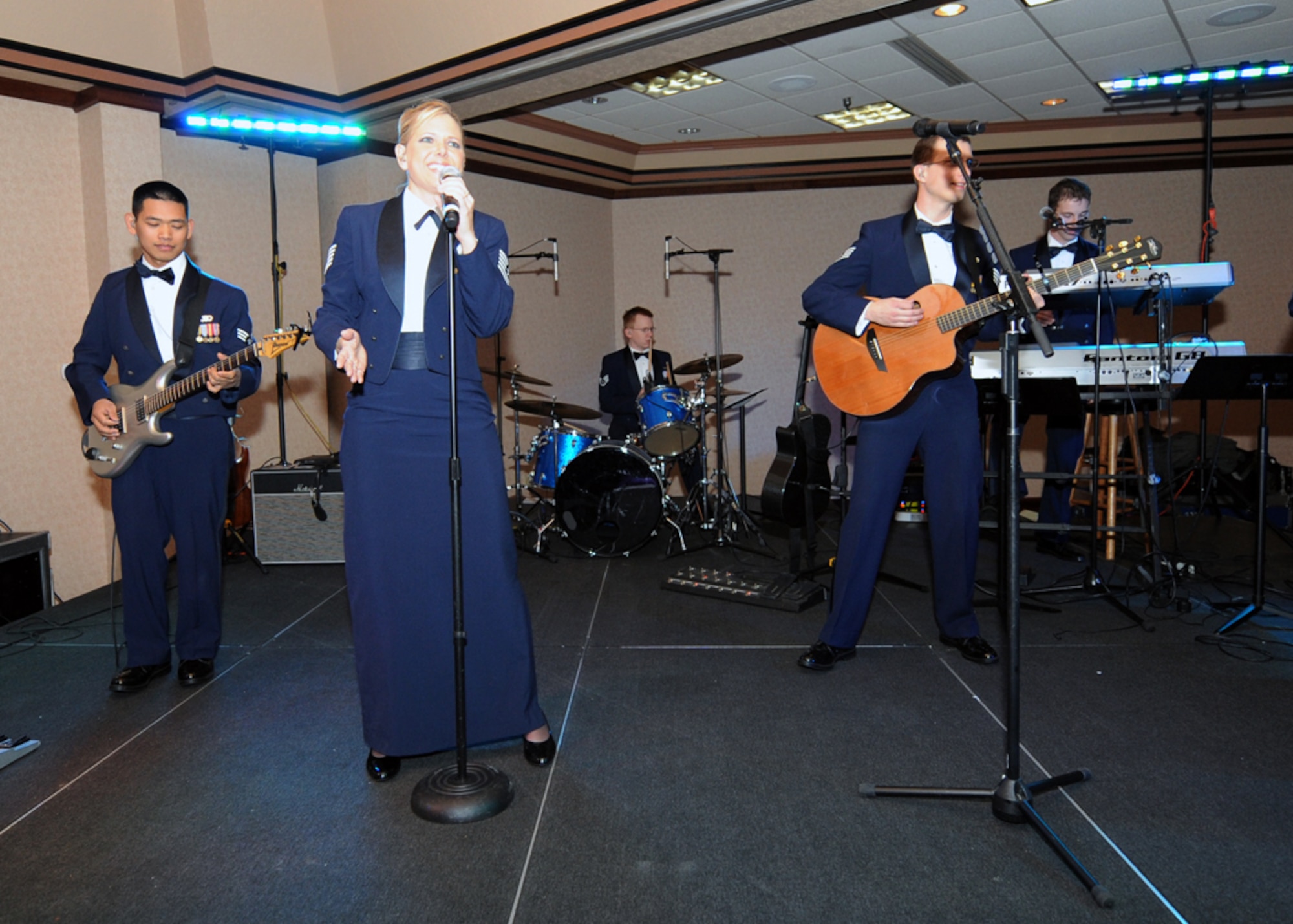 MINOT, N.D. –Night Wing, part of Air Force’s Heartland of America Band, performs during the 21st annual International Military Ball at the Minot Holiday Inn-Riverside Feb. 27. The formal event included performances by Night Wing, The Winnipeg Bagpipers and the University of North Dakota Reserve Officer Training Corps drill team. The evening included dignitaries from the United States and Canada. (U.S. Air Force photo by Senior Airman Sharida Jackson)