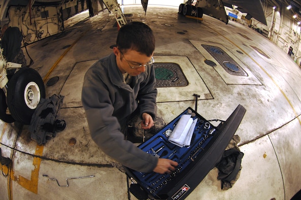WHITEMAN AIR FORCE BASE, Mo. - Senior Airman Tony Todaro, 509th Maintenance Squadron Aero repair technician, takes inventory of tools following maintenance on a B-2 Spirit Feb. 26, 2010. Taking inventory of tools before, during and after a maintenance job helps prevent foreign object damage and debris. (U.S. Air Force photo/Senior Airman Jessica Snow)