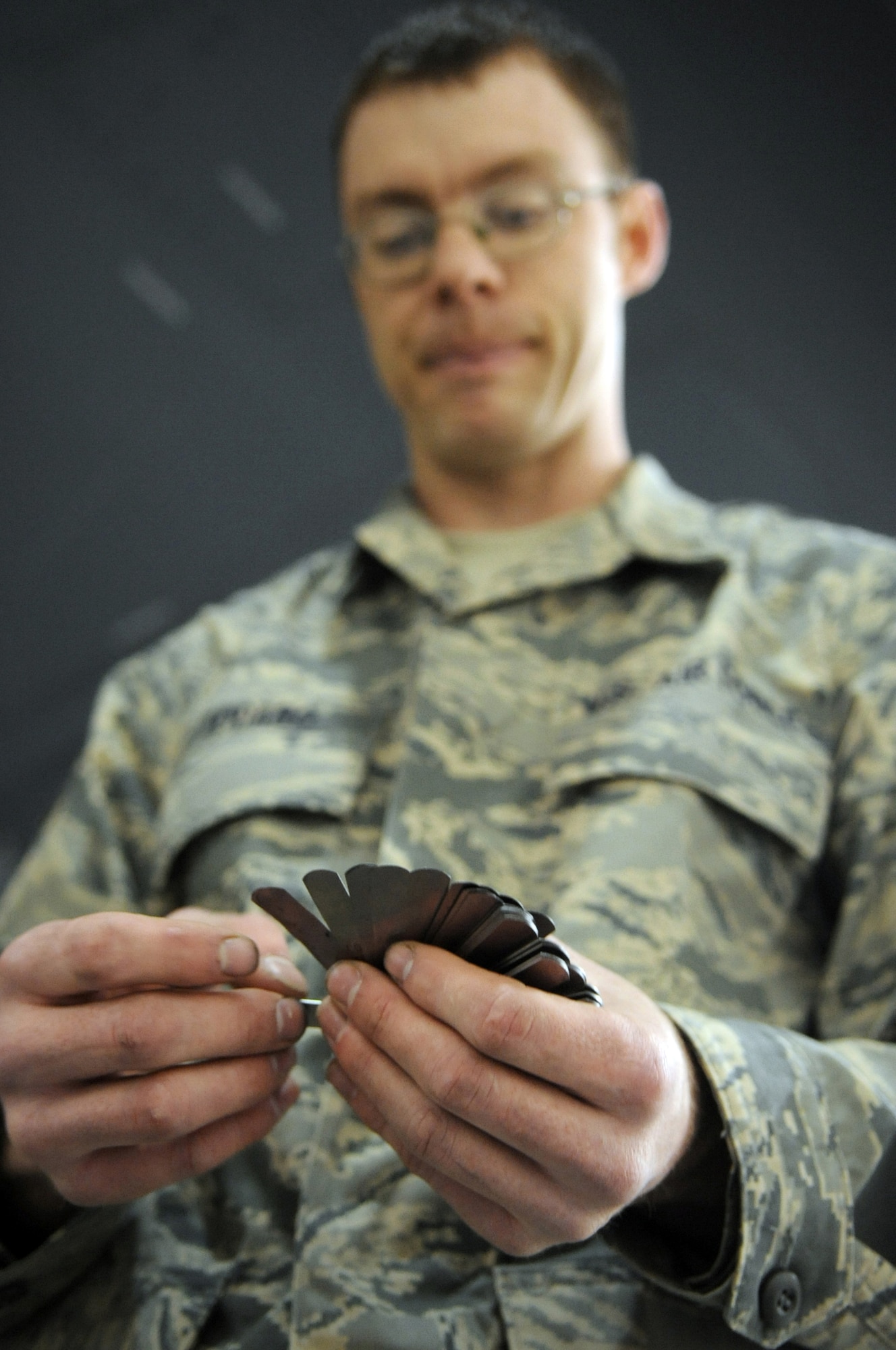 WHITEMAN AIR FORCE BASE, Mo. - Senior Airman Tony Todaro, 509th Maintenance Squadron Aero Repair Shop technician, inspects his tools to ensure no parts are broken or missing. Tool inspection and accountability help eliminate foreign object damage and debris on the flightline. (U.S. Air Force photo/Senior Airman Jessica Snow)