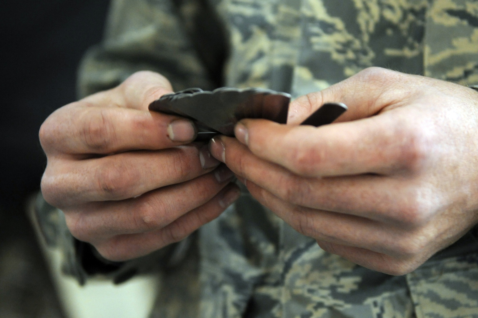 WHITEMAN AIR FORCE BASE, Mo. - Senior Airman Tony Todaro, 509th Maintenance Squadron Aero Repair Shop technician, inspects his tools to ensure no parts are broken or missing. Tool inspection and accountability help eliminate foreign object damage and debris on the flightline. (U.S. Air Force photo/Senior Airman Jessica Snow)