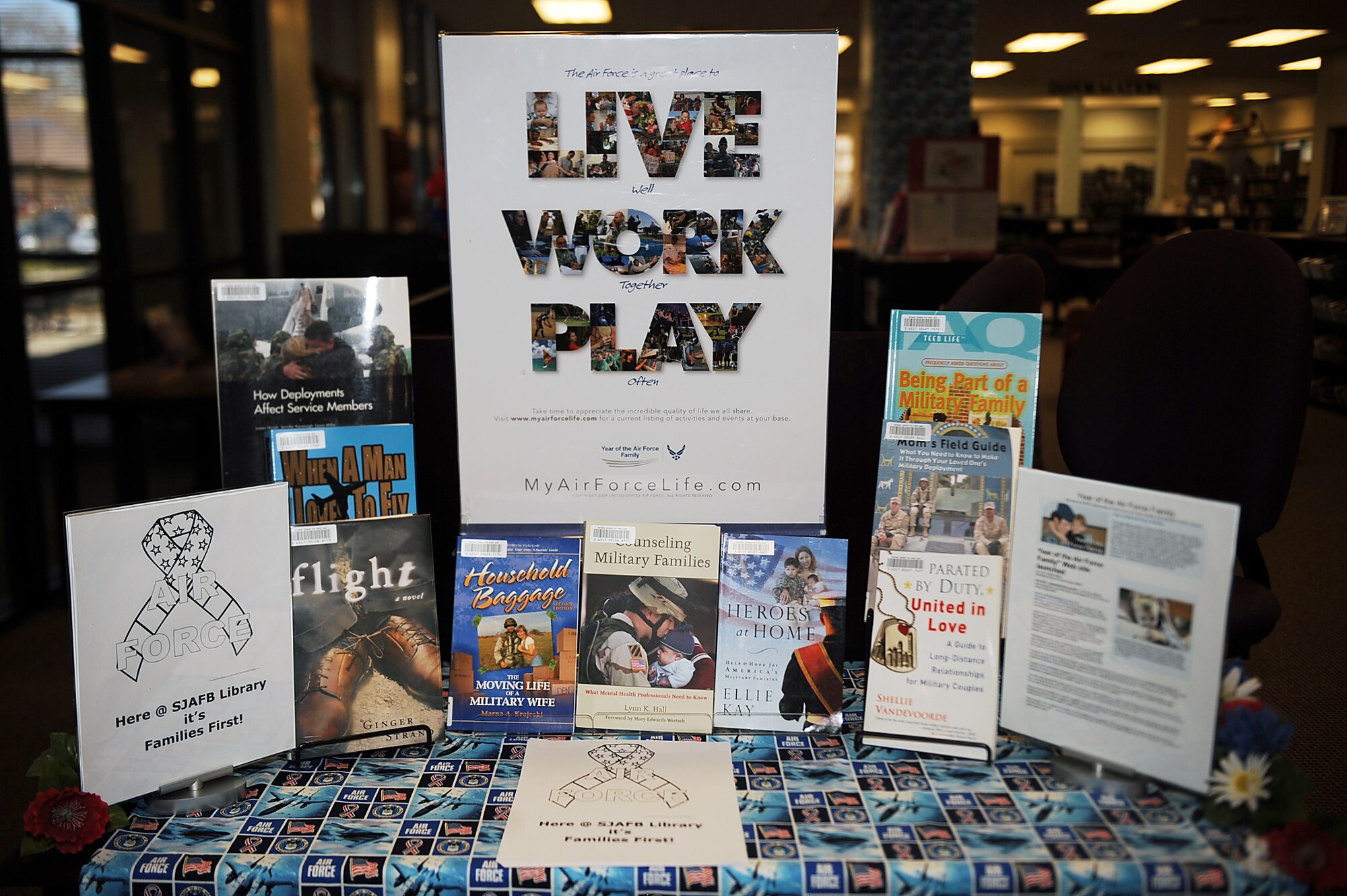 A book exhibit highlighting the Year of the Air Force Family is displayed in the Watkins-Das Learning Center on Seymour Johnson Air Force Base, N.C., Feb. 26, 2010. Each month a library technician changes the display to recognize a different theme or event. (U.S. Air Force photo/Senior Airman Ciara Wymbs) 