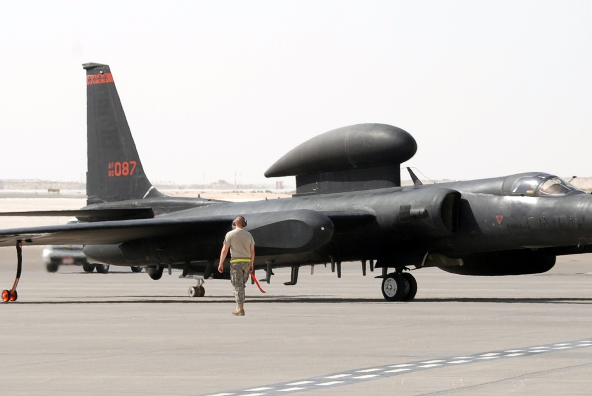 A U-2 Dragonlady assigned with the 99th Expeditionary Reconnaissance Squadron taxis to a parking space during operations at a non-disclosed base in Southwest Asia on Feb. 23, 2010. The 99th ERS is a part of the 380th Air Expeditionary Wing which supports operations Iraqi Freedom and Enduring Freedom and the Combined Joint Task Force-Horn of Africa. (U.S. Air Force Photo/Master Sgt. Scott T. Sturkol/Released)