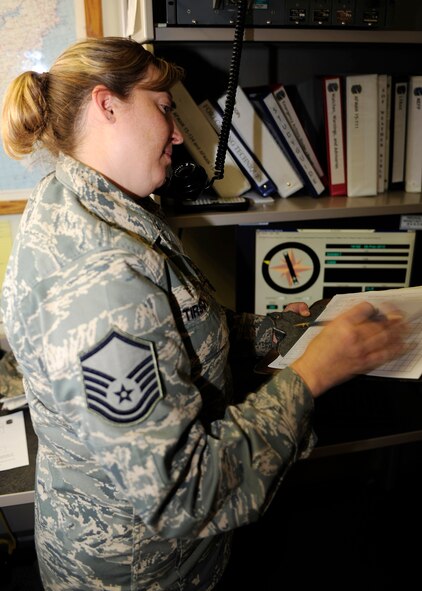 HOLLOMAN AIR FORCE BASE, N.M. -- Master Sgt. Dionne Tirschel, 49th Operations Support Squadron weather flight, communicates with pilots using the pilot metro service to inform them of the current weather conditions, Feb. 26. The weather flight specializes in collecting, analyzing and disseminating weather information, including forecasts of weather conditions in the atmosphere and space. The forecast helps Team Holloman put together flight schedules and plan for inclement weather, helping to maintain the safety of Holloman Airman.  (U.S. Air Force photo by Senior Airman DeAndre Curtiss)