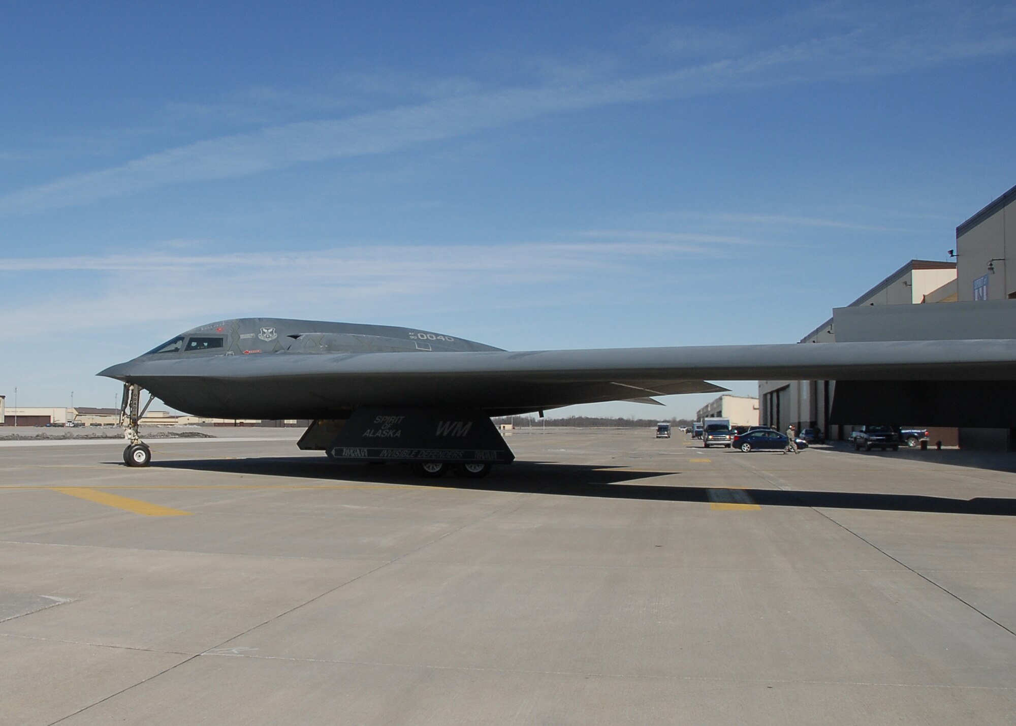 TAXIING FOR TAKEOFF.  
Colonel Robert "Herm" Leeker  131st Bomb Wing Commander, Missouri Air National Guard,  and 131st pilot Major Tim "Bling" Rezac, prepare for take-off in the B-2 Stealth Bomber "Spirit of Alaska" on February 25 at Whiteman Air Force Base.  (U.S. Air Force Photo by Master Sergeant Mary-Dale Amison   RELEASED)  
