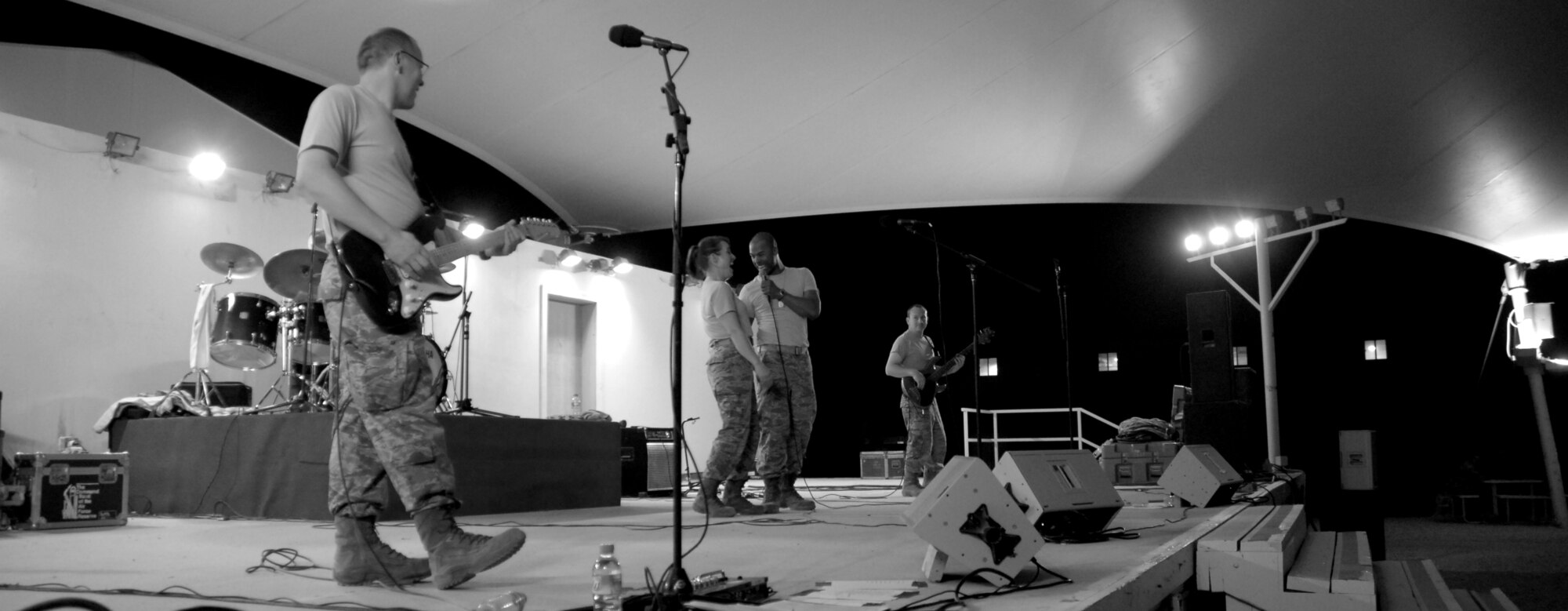 Reserve Generation, The U.S. Air Forces Central Command Expeditionary Band, plays for U.S. and Coalition servicemembers in Southwest Asia Feb. 27. The band began their 60-day tour of the AOR Feb. 26 with their first expeditionary show. (U.S. Air Force photo/Senior Airman Dillon White/released