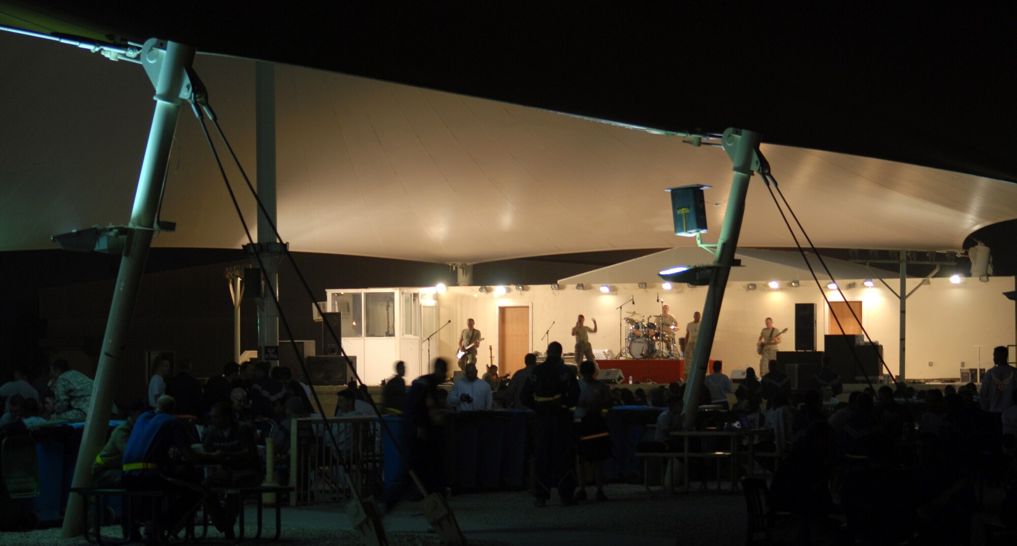 Reserve Generation, The U.S. Air Forces Central Command Expeditionary Band, plays for U.S. and Coalition servicemembers in Southwest Asia Feb. 27. The band began their 60-day tour of the AOR Feb. 26 with their first expeditionary show. (U.S. Air Force photo/Senior Airman Dillon White/released)