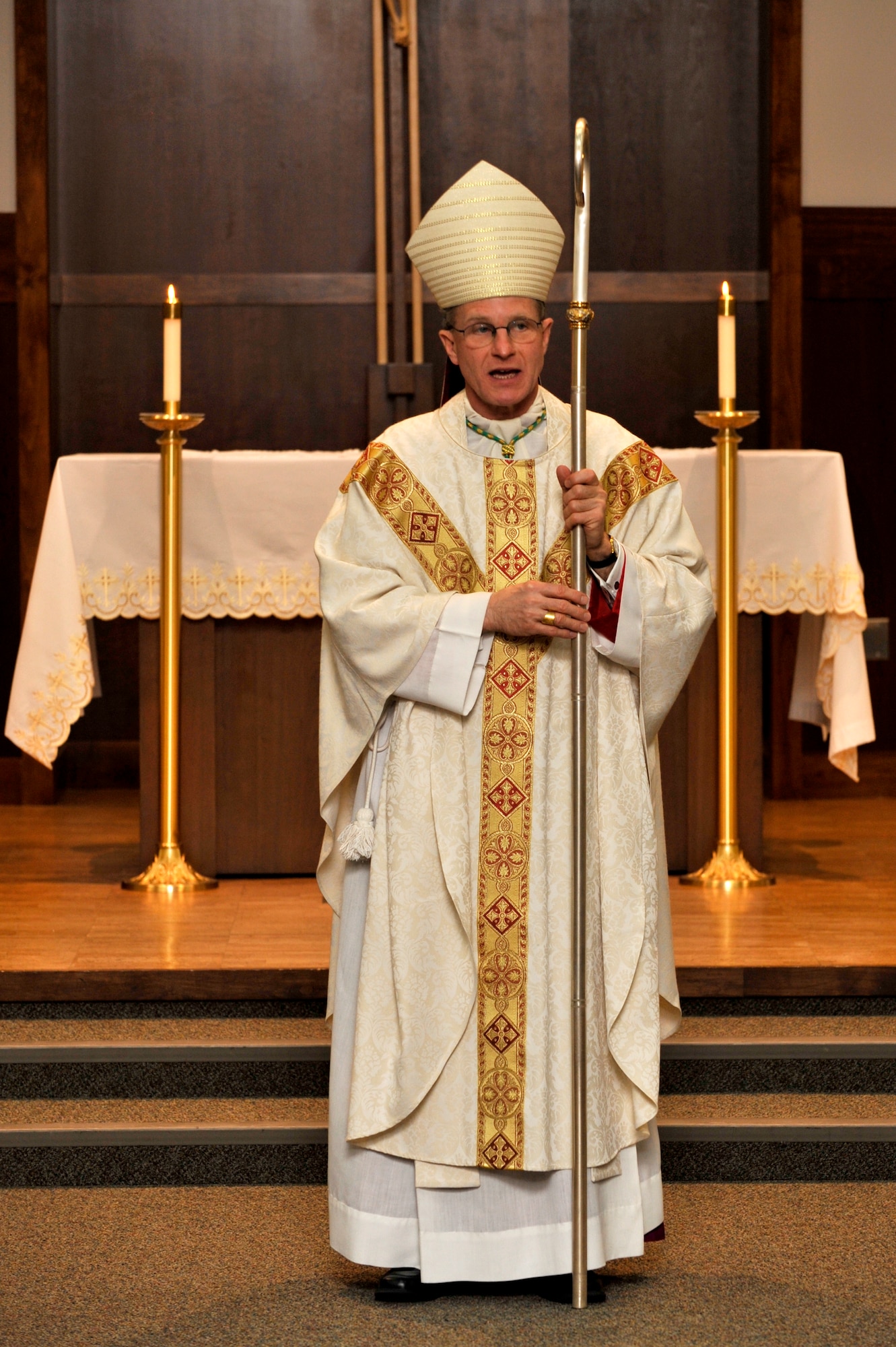 BUCKLEY AIR FORCE BASE, Colo. -- Archbishop Timothy Broglio officiates over a sacrament of confession service Feb. 23 at the Buckley Chapel. Archbishop Broglio is the Roman Catholic Archbishop for the Military Services of the United States and is responsible for coordinating pastoral and spiritual services for all Catholics serving in the U.S. Armed Forces or other federal services overseas. (U.S. Air Force photo by Airman 1st Class Paul Labbe)