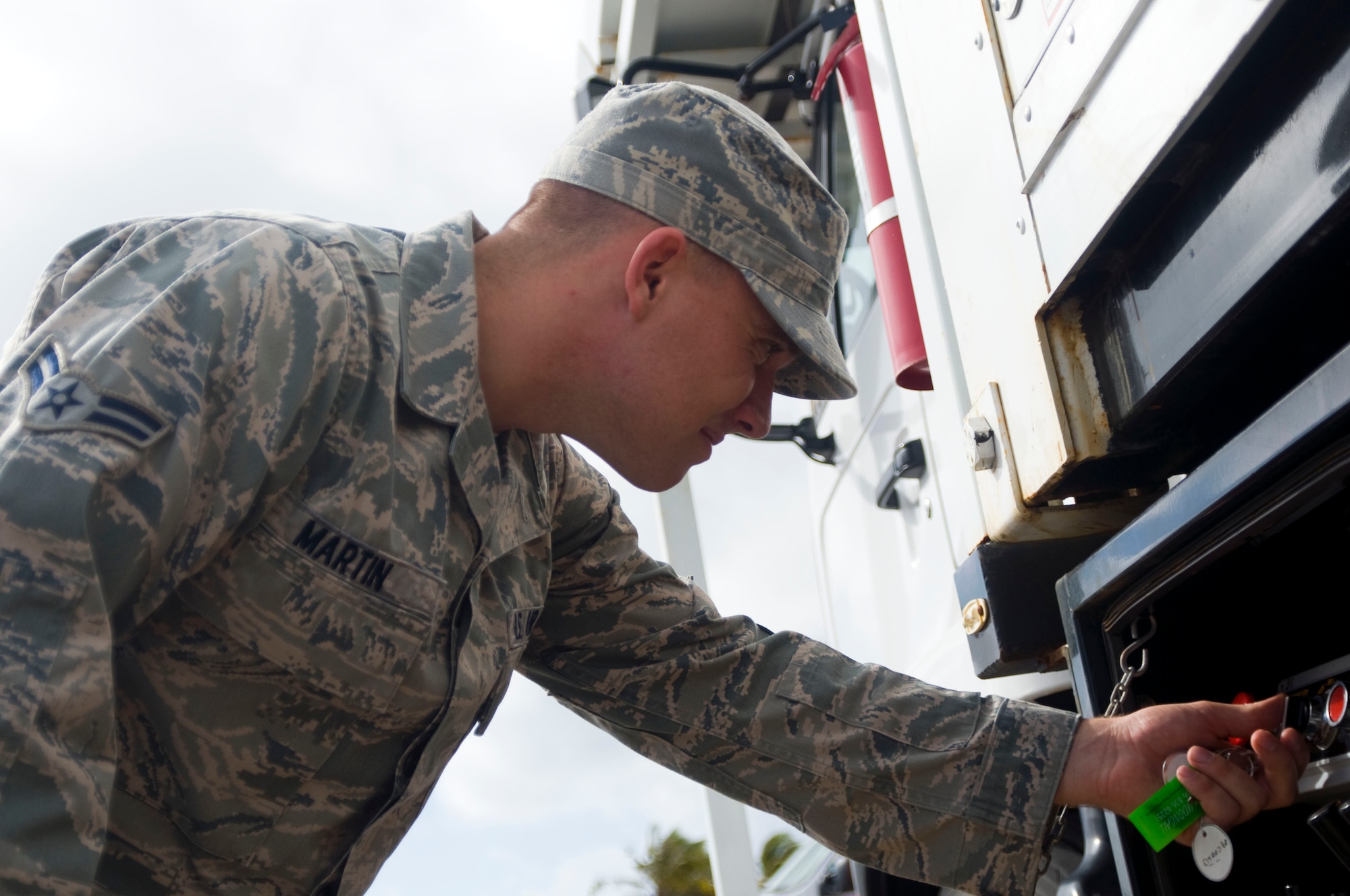 ANDERSEN AIR FORCE BASE, Guam- Airman 1st Class Michael Martin, Aerospace Medical Technician assigned to the 36th Medical Group, operates one the 36th MDG's newest pieces pf equipment, the high-deck patient loader here on Mar. 02. Airman Martin was recently recognized as a 'Top Performer' by the 36th Medical Group First Sergeant. (U.S. Air Force photo by Airman 1st Class Julian North)