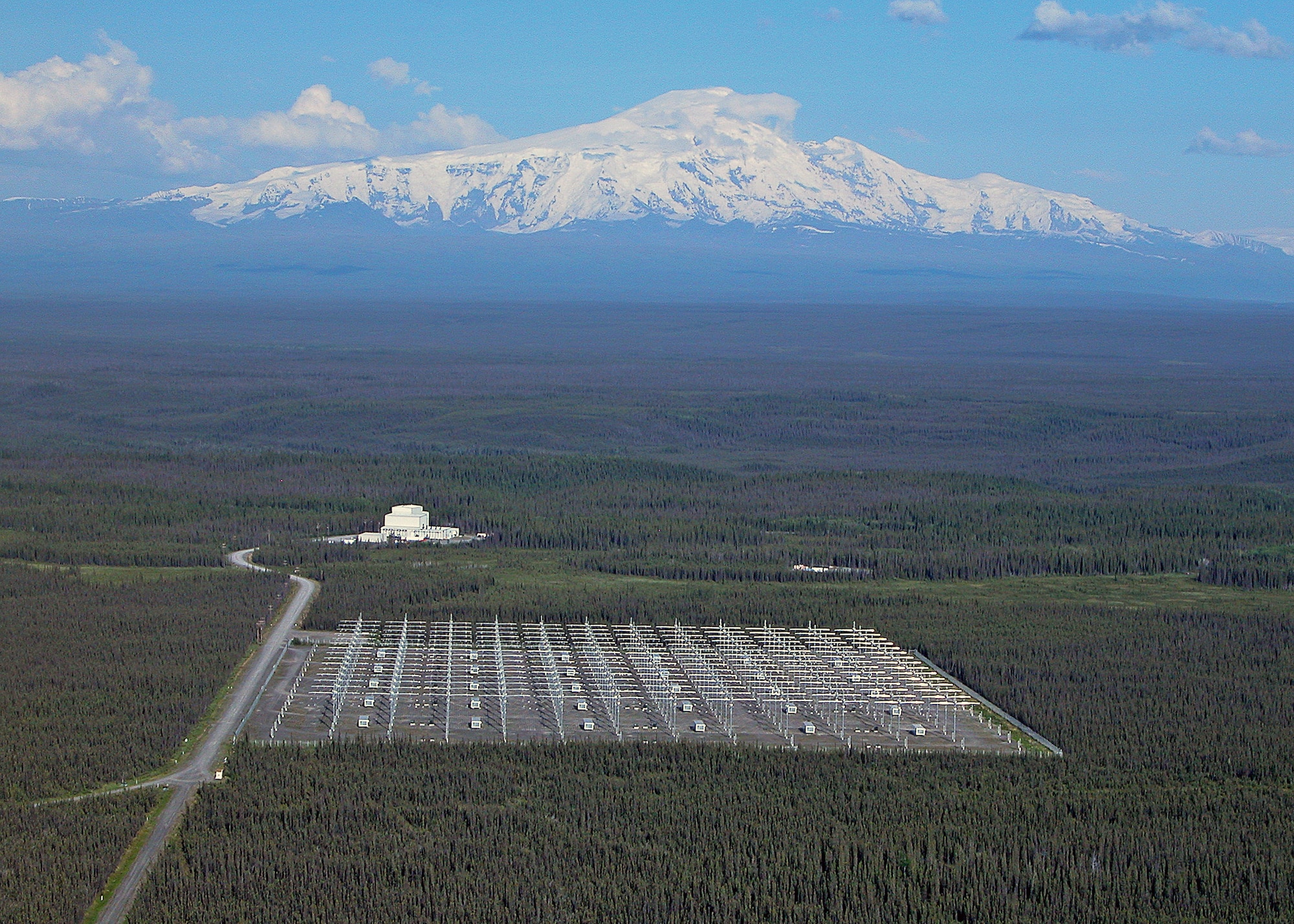 The High Frequency Active Auroral Research Program site, Gakona, Alaska, is pictured with Mount Wrangell in the background.

U.S. Air Force photograph
