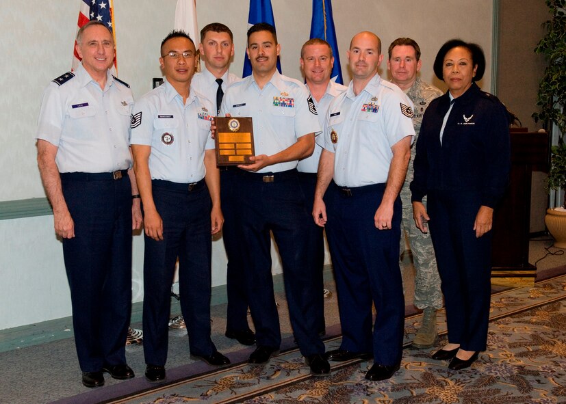 The 129th Rescue Wing's recruiting team receives the California Air National Guard's 2009 Recruiting Office of the Year award from Maj. Gen. Dennis G. Lucas (left), the California Air National Guard Commander and Brig. Gen. Mary Kight (right), the California National Guard Adjutant General. (Air National Guard photo by Tech. Sgt. David J. Loeffler)