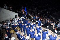 The 737th Training Group Drum and Bugle Corps performs before the San Antonio Rampage game at the AT&T Center Feb. 27. The performance was part of military appreciation night which featured several pre-game interactive activities honoring servicemembers. The Manitoba Moose beat the Rampage 3-1. (U.S. Air Force photo/Alan Boedeker)