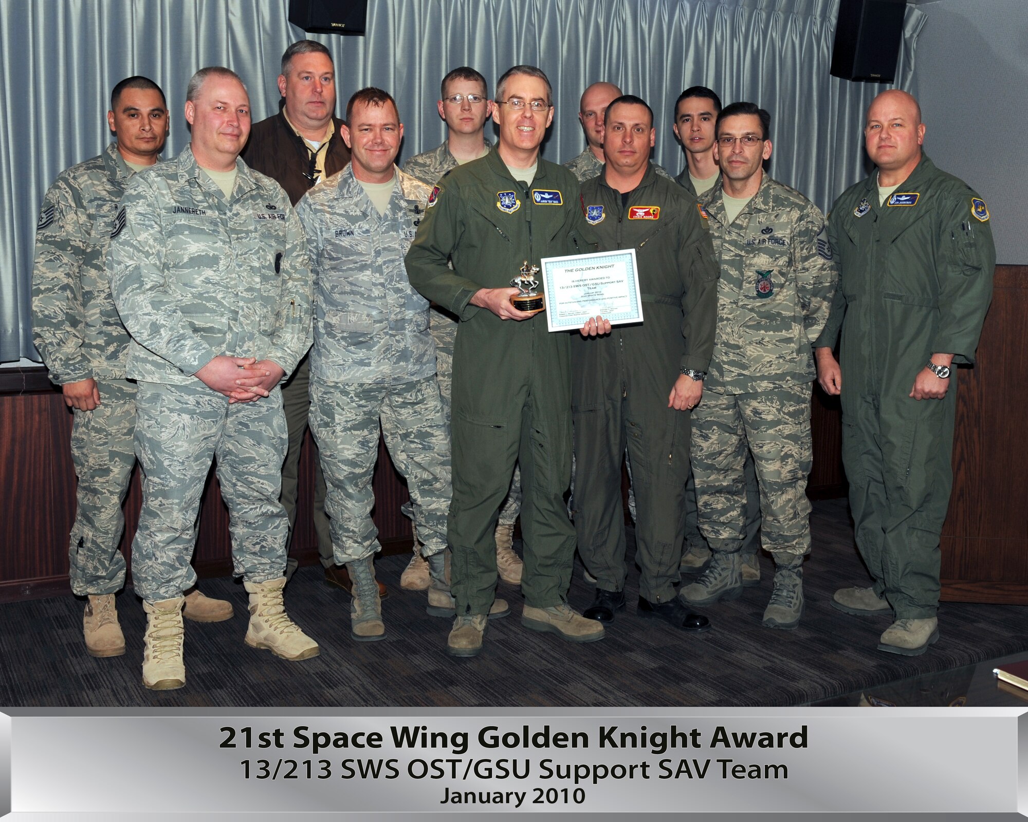The 13th and 213th Space Warning Squadron GSU staff assistance visit team was named one of two Golden Knight recipients for January. (U.S. Air Force photo/Roberta McDonald)