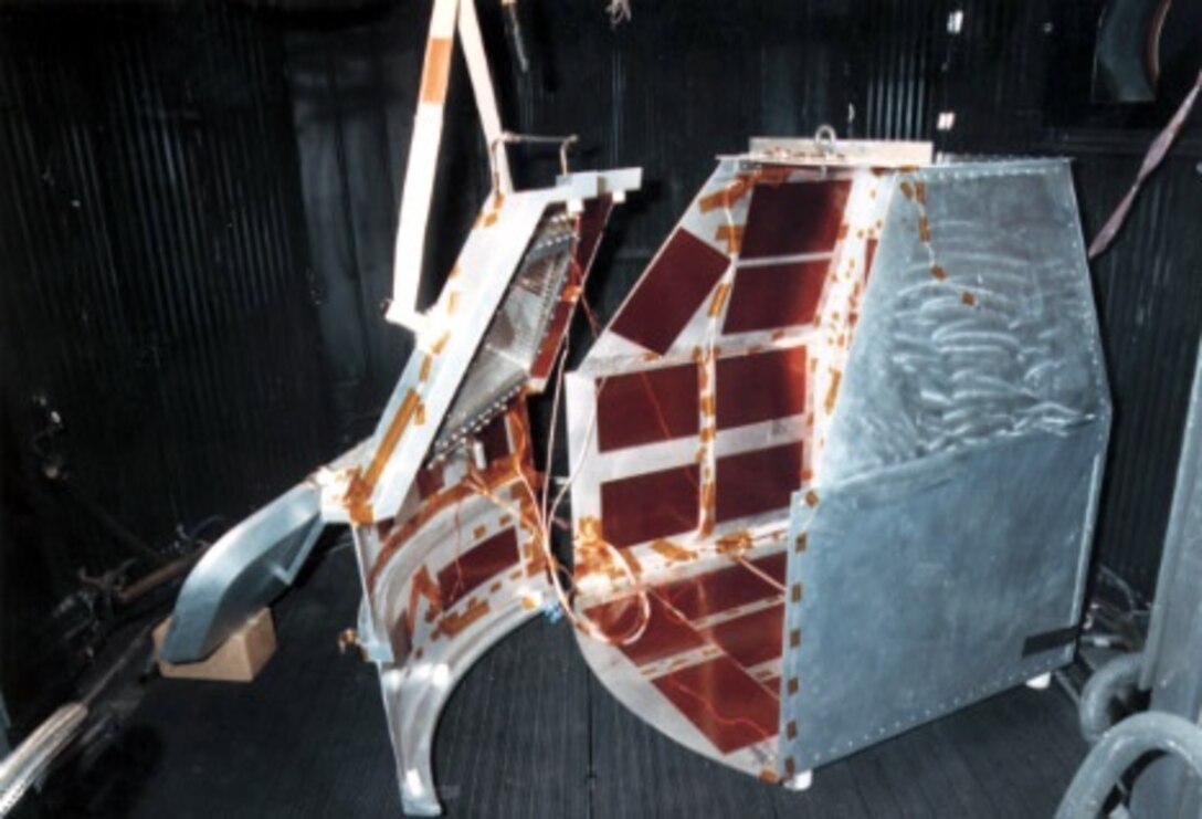 Solar testing on a model of the International Space Station’s new cupola is shown here during a model change in Arnold Engineering Development Center’s 12-foot diamter vacuum (12V) Space Chamber in 1993. (AEDC file photo)