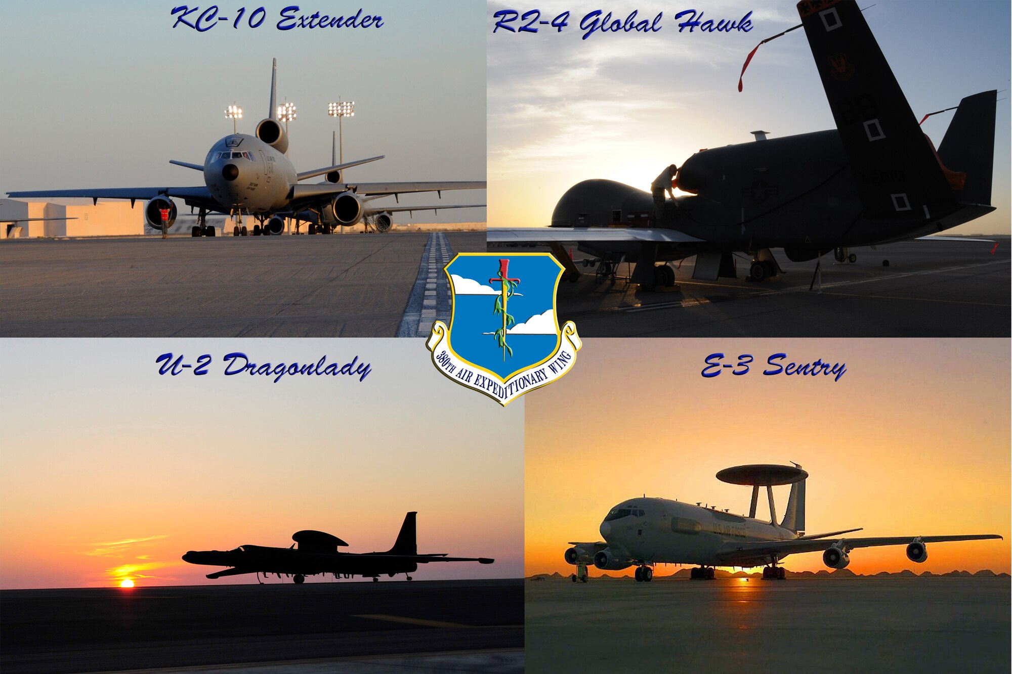 Aircraft of the 380th Air Expeditionary Wing during sunset illustration. The 380th AEW supports Operations Iraqi Freedom and Enduring Freedom and the Combined Joint Task Force-Horn of Africa. The 380th AEW is comprised of four groups and 12 squadrons and the wing's deployed mission includes air refueling, surveillance and reconnaissance in support of overseas contingency operations in Southwest Asia. (U.S. Air Force Illustration/Senior Airman Jenifer H. Calhoun/Released)
