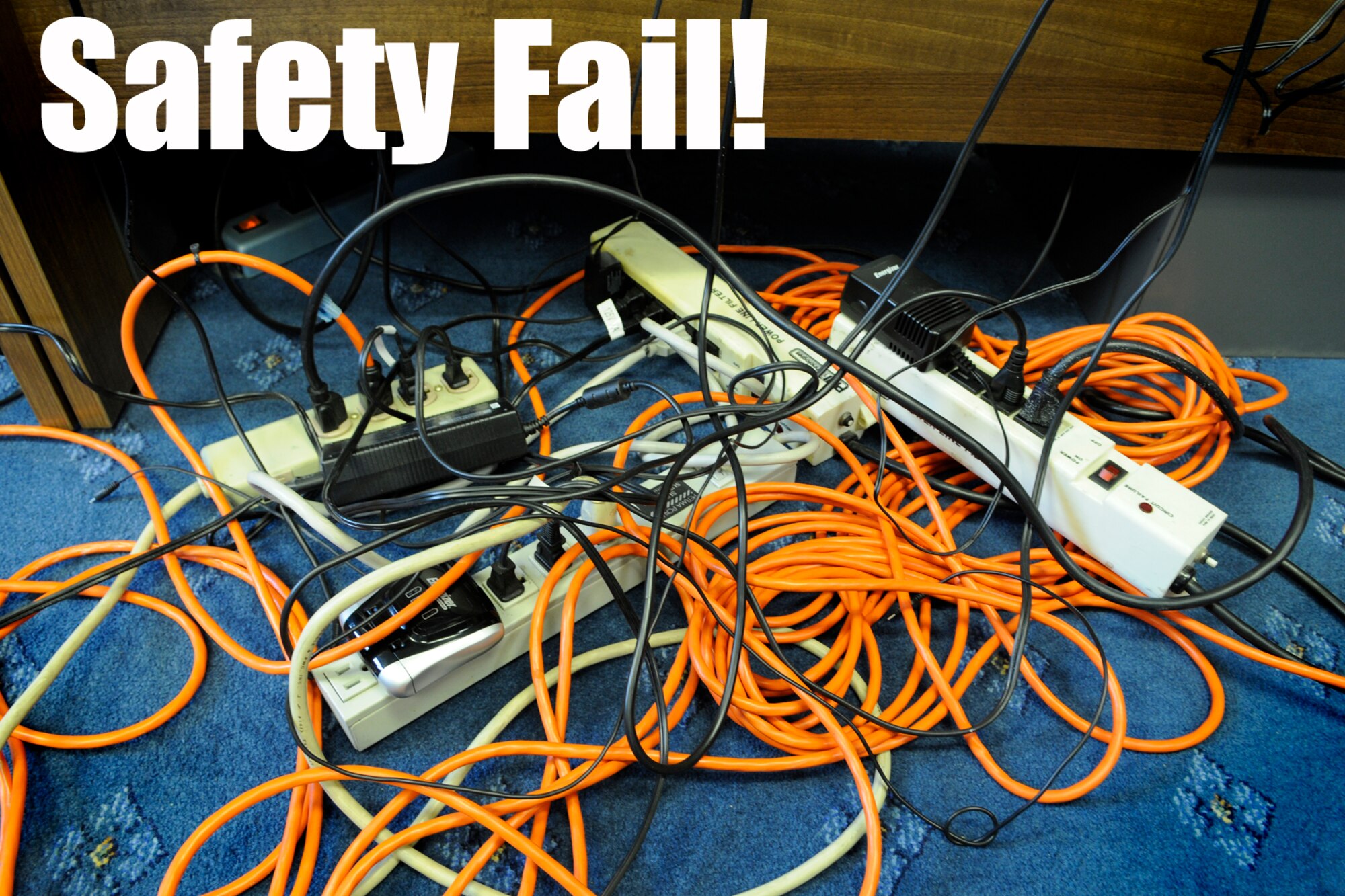 RAF MILDENHALL, England – Daisy chains, overloaded sockets and tangled wires are a fire hazard and prohibited on the base.  For information about compliance with fire-safety standards contact the Fire Prevention Office at DSN 238-3911.  (U.S. Air Force illustrative photo/Staff Sgt. Christopher L. Ingersoll)